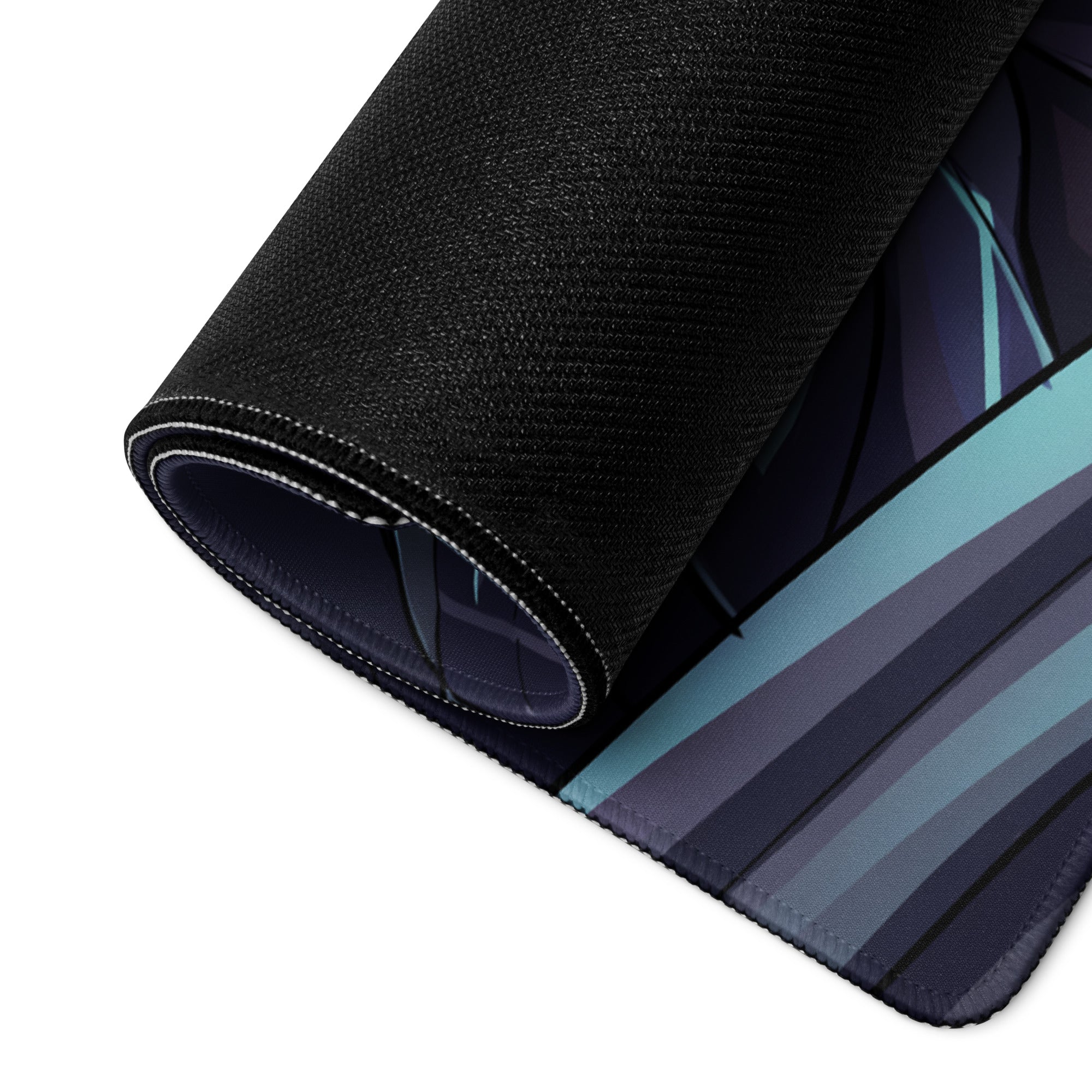 Black textured mousepad with rolled edge and anime-style teal blue and purple stripes for vaporwave neon desk use