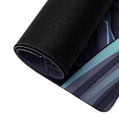 Black textured mousepad with rolled edge and anime-style teal blue and purple stripes for vaporwave neon desk use