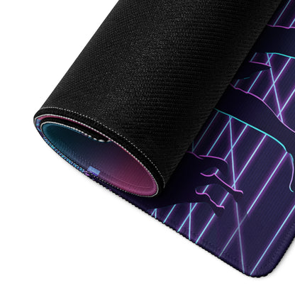 A rolled-up black gaming mousepad with a vibrant neon purple and blue geometric vaporwave design