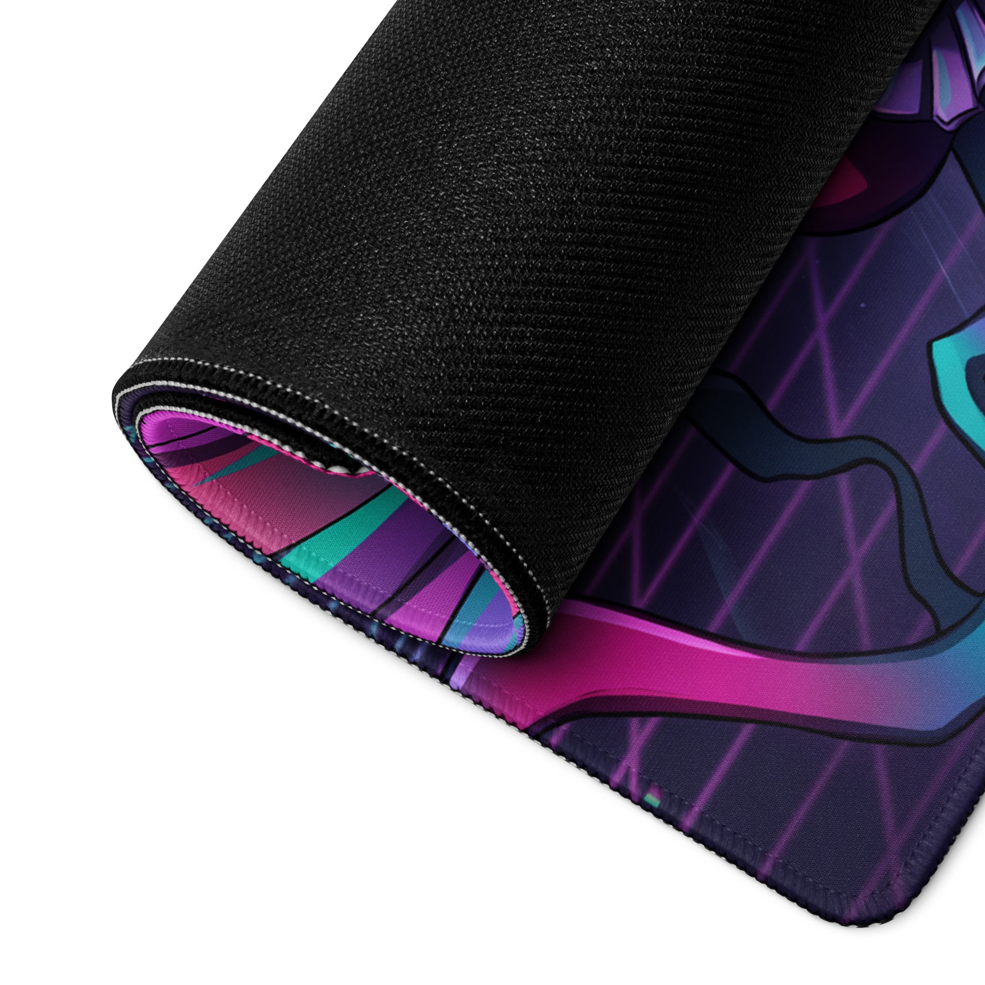 Rolled-up vaporwave wings gaming mousepad with vibrant winged knight design in neon pink cyan on smooth fabric surface