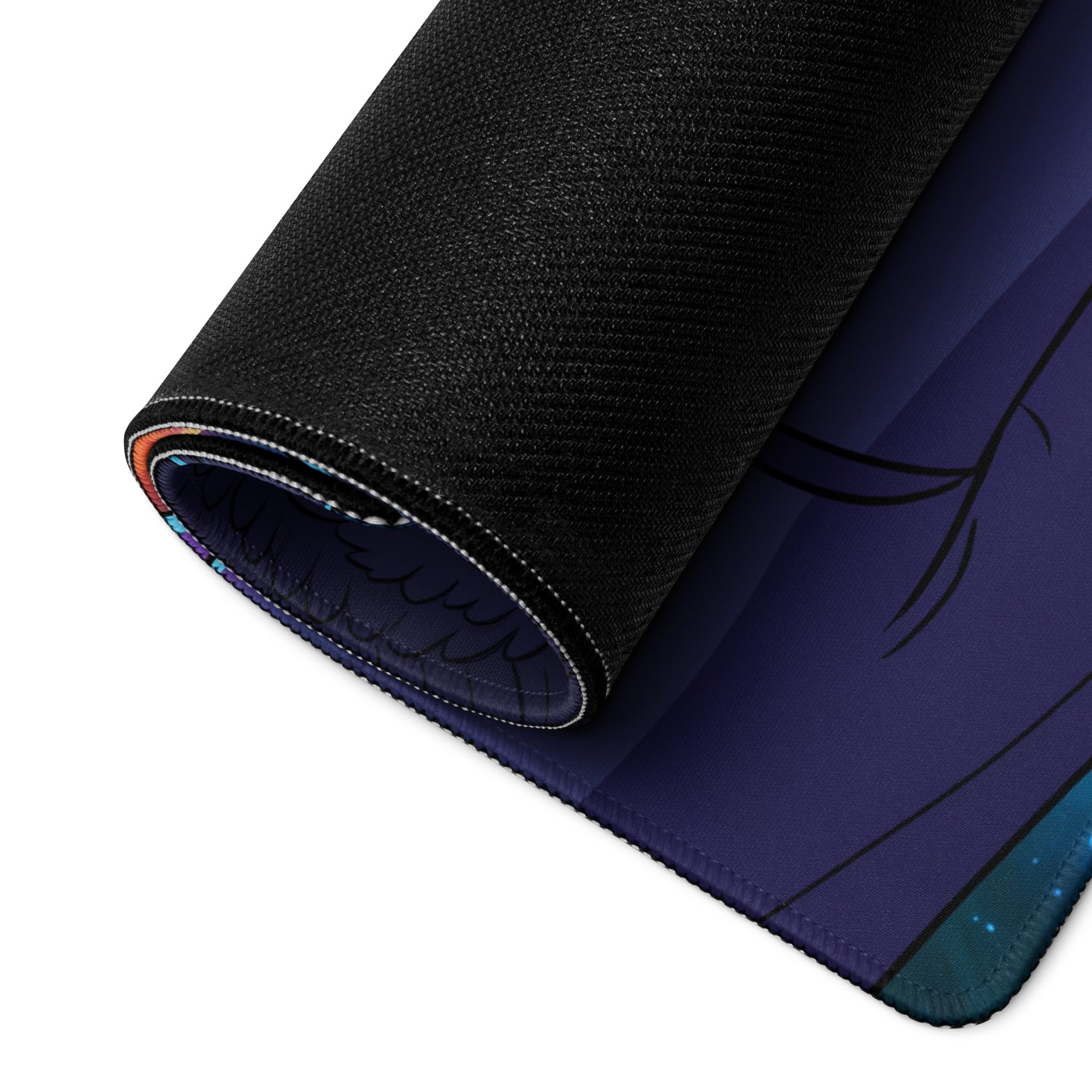 A rolled-up black gaming mouse pad with a vibrant purple teal gradient and anime-style neon vaporwave angel design