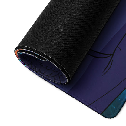 A rolled-up black gaming mouse pad with a vibrant purple teal gradient and anime-style neon vaporwave angel design