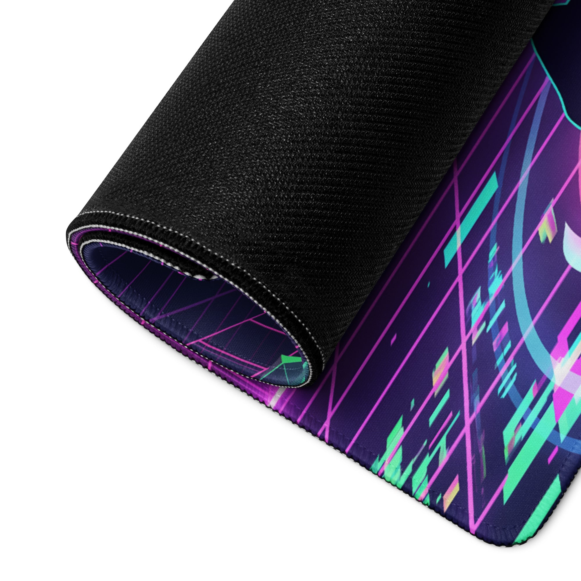 A rolled-up neon vaporwave gaming mousepad with vibrant purple pink and teal geometric cyberpunk design on dark background