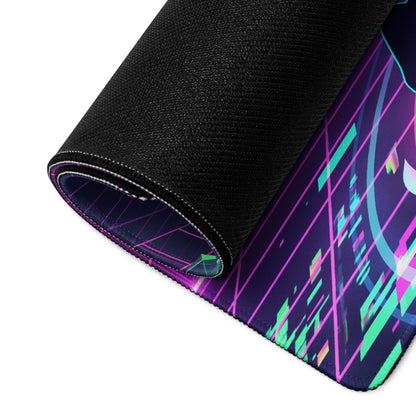 A rolled-up neon vaporwave gaming mousepad with vibrant purple pink and teal geometric cyberpunk design on dark background