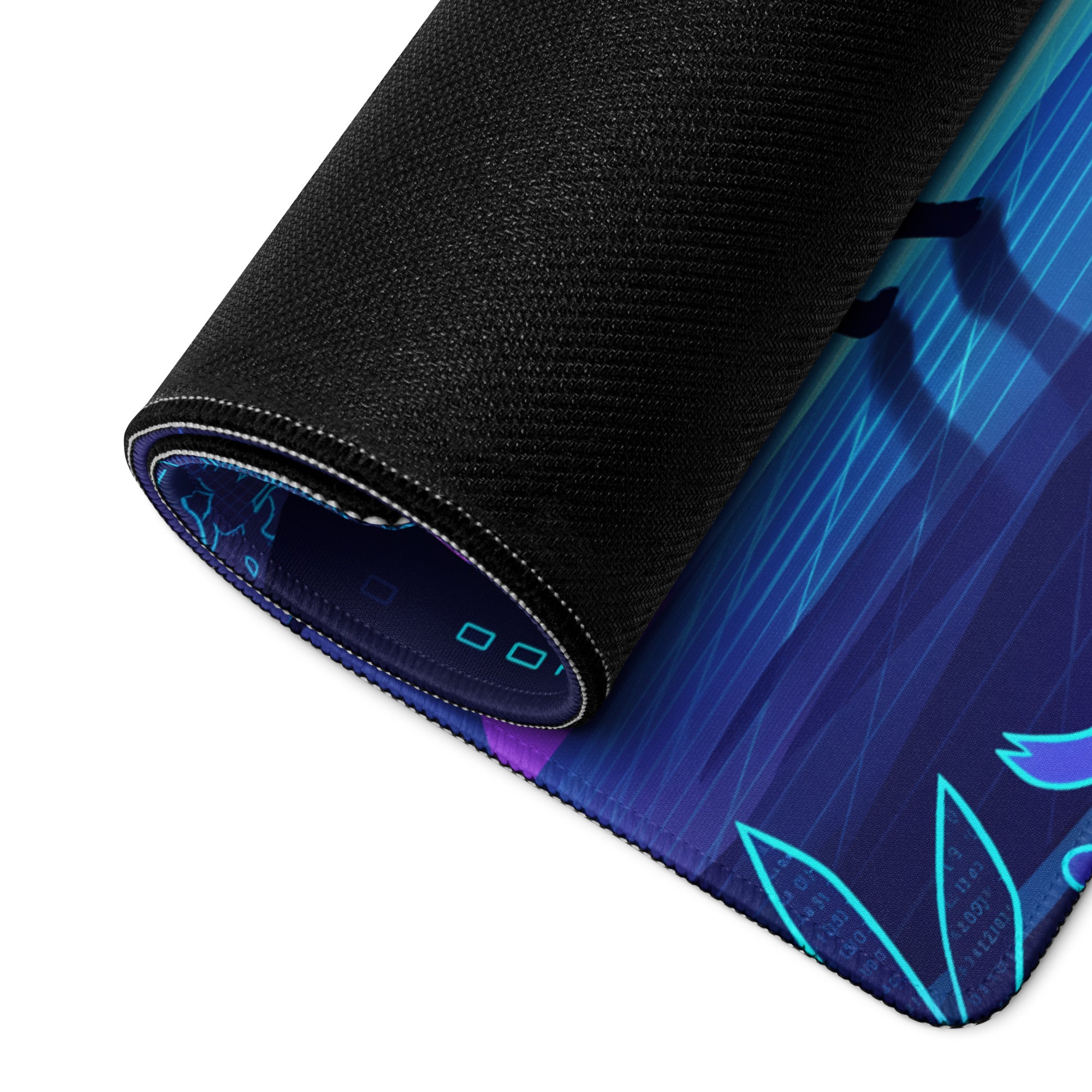 A rolled-up neon dragon vaporwave gaming mousepad with vibrant blue and purple gradient and glowing cyan leaf patterns