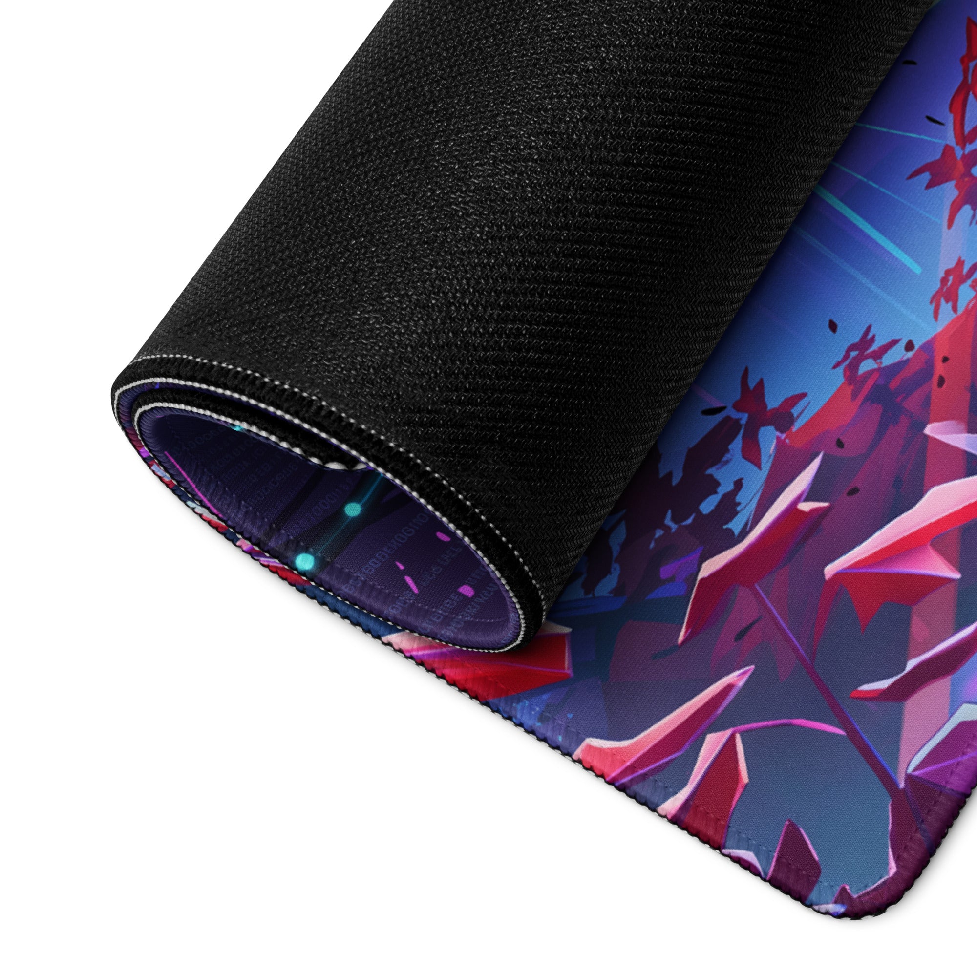 Rolled-up vaporwave neon gaming mouse pad with vibrant anime foliage design in purple pink and blue hues on dark background