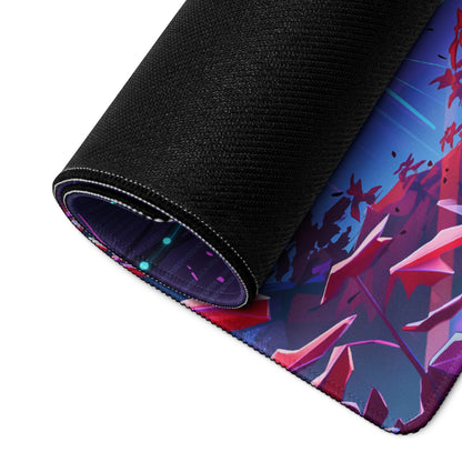 Rolled-up vaporwave neon gaming mouse pad with vibrant anime foliage design in purple pink and blue hues on dark background
