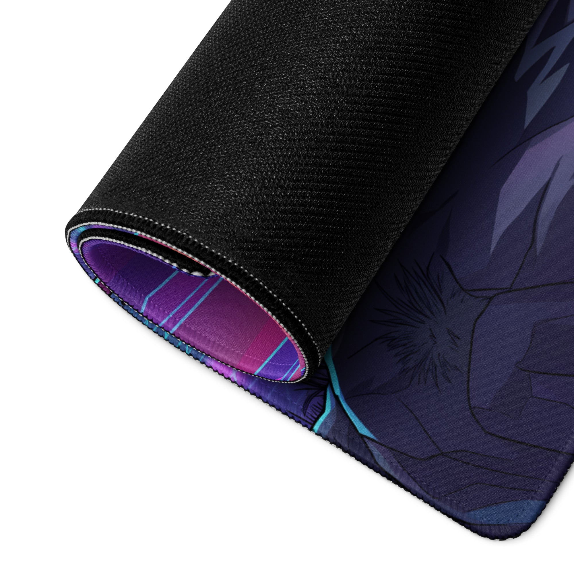 A rolled-up black gaming mousepad featuring a vibrant purple and blue vaporwave anime character design