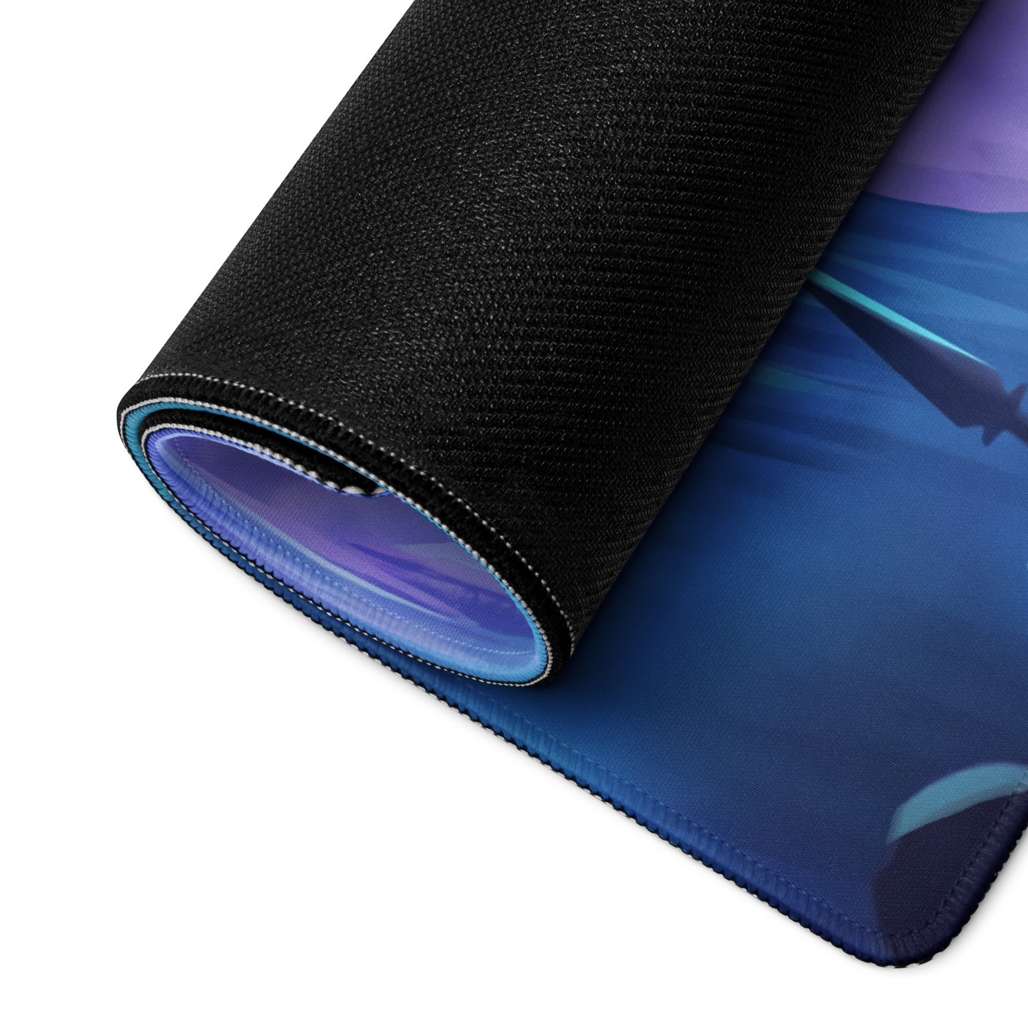 Black textured gaming mousepad with vibrant blue and purple neon vaporwave fantasy design for desk setup use