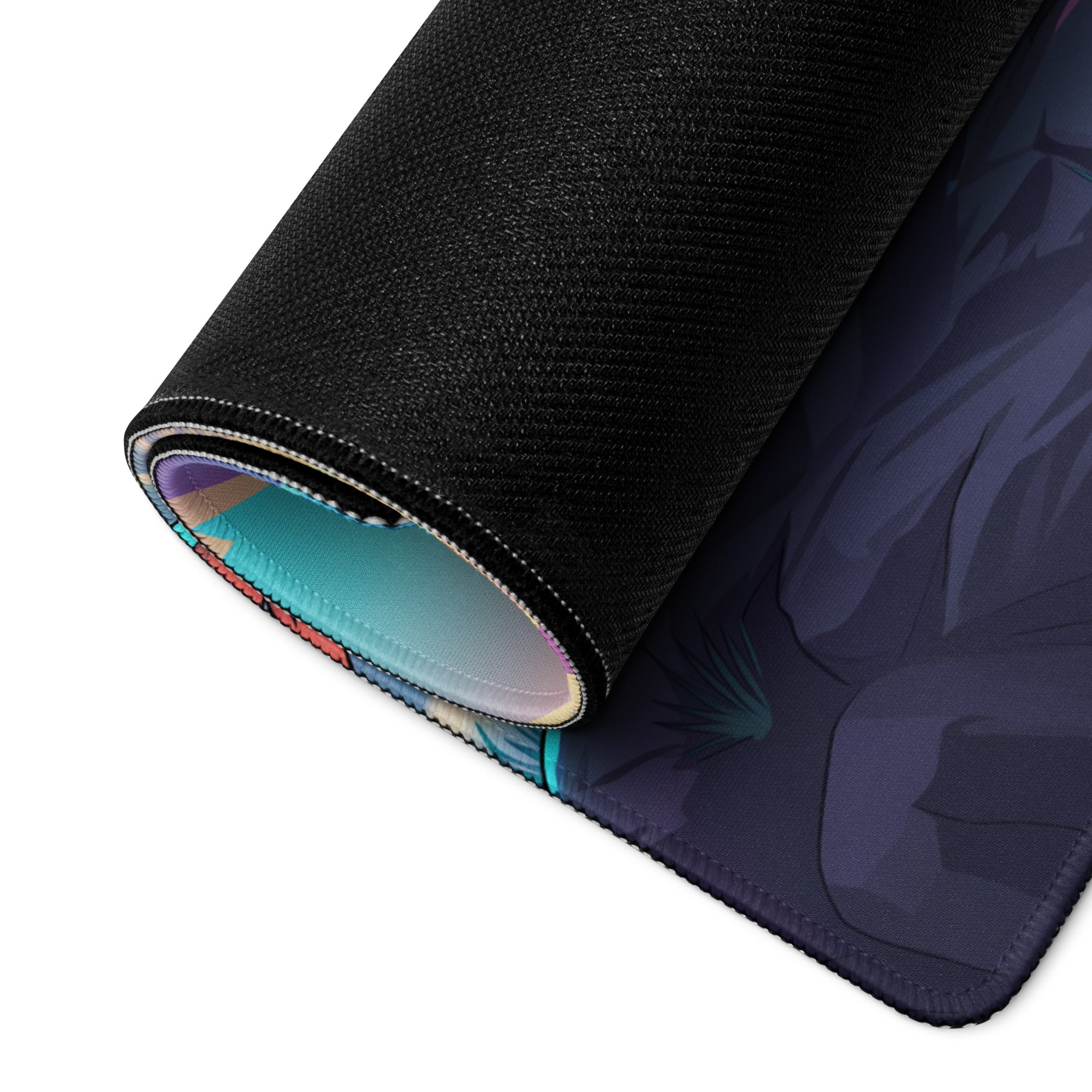 Black textured vaporwave warrior mouse pad with dark blue anime-style illustration and colorful inner lining at rolled edge