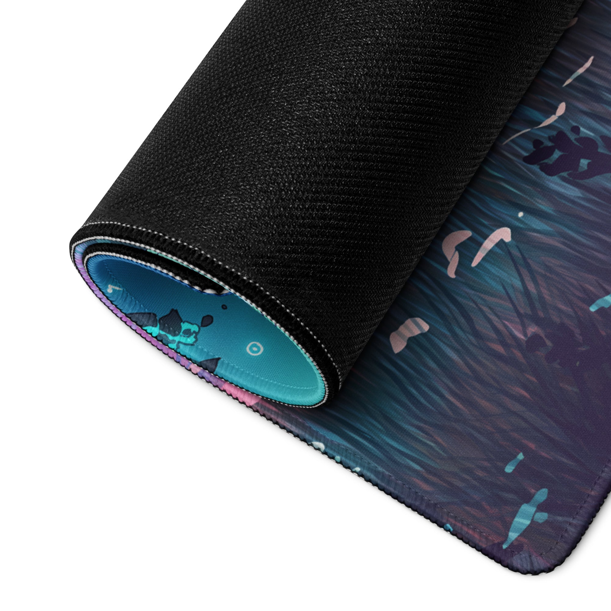 A rolled-up vaporwave neon landscape gaming mouse pad with dark underwater design in teal purple and neon pink hues