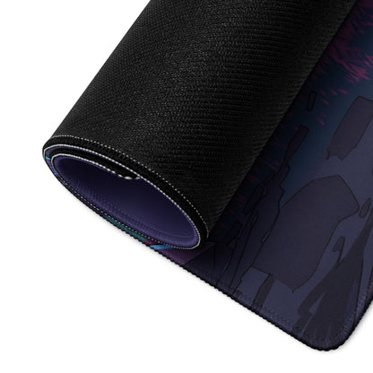 Black textured mousepad with dark purple and blue anime-style illustration for neon vaporwave gaming setup