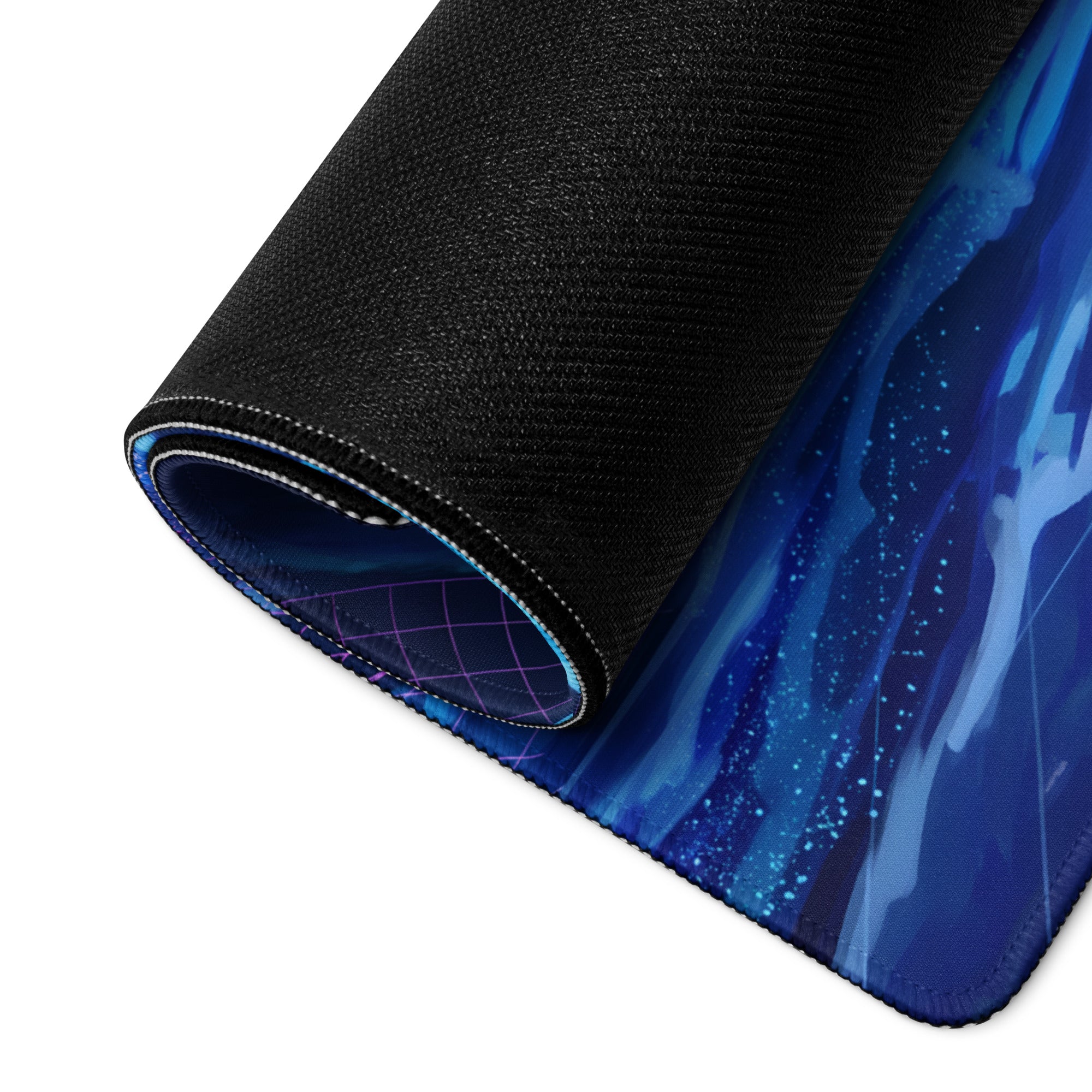 A rolled-up black gaming mousepad with a vibrant blue cosmic vaporwave neon ocean design for desk setup use