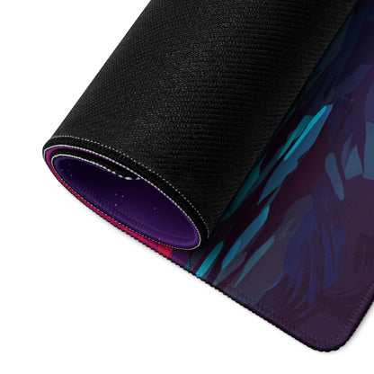 Rolled-up black vaporwave neon night mouse pad with purple and teal abstract design stitched edges and plush lining