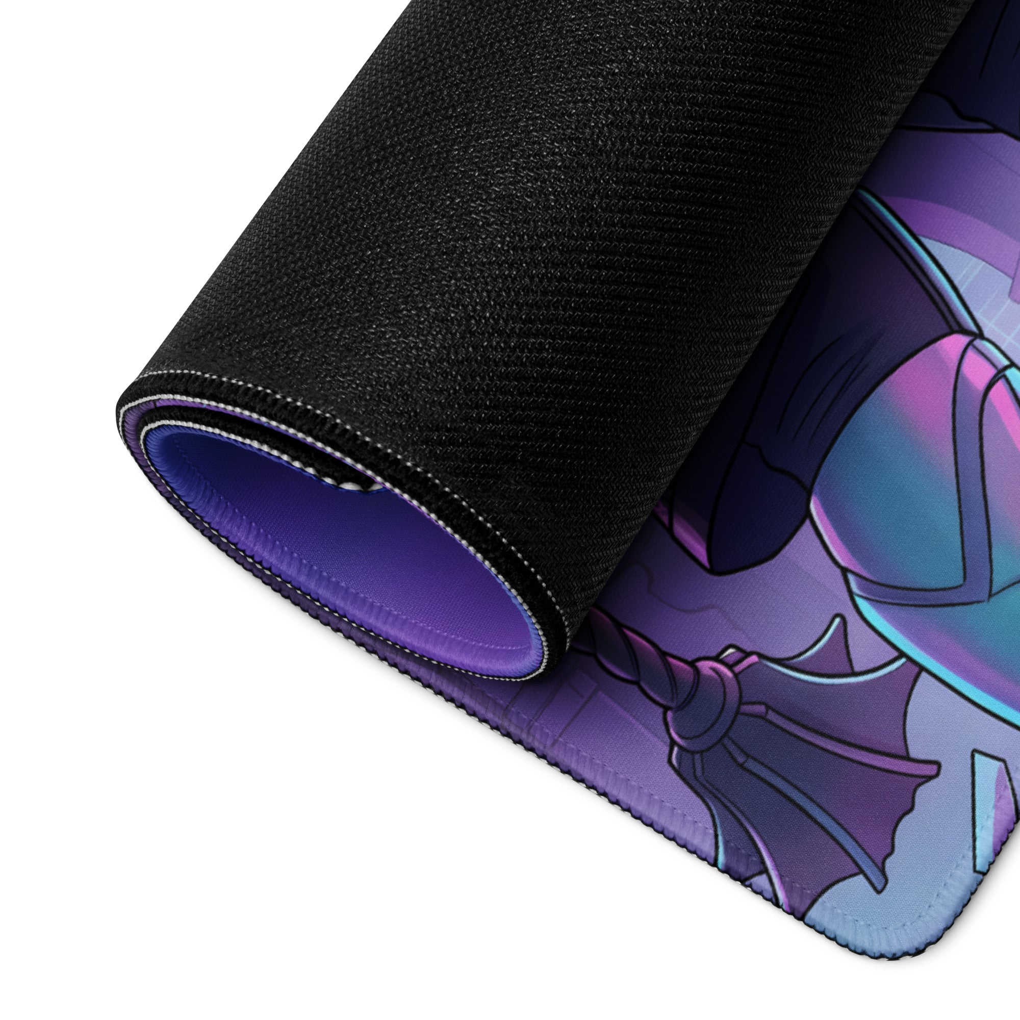 A rolled-up black gaming mousepad featuring a vibrant purple and blue vaporwave neon city knight anime design