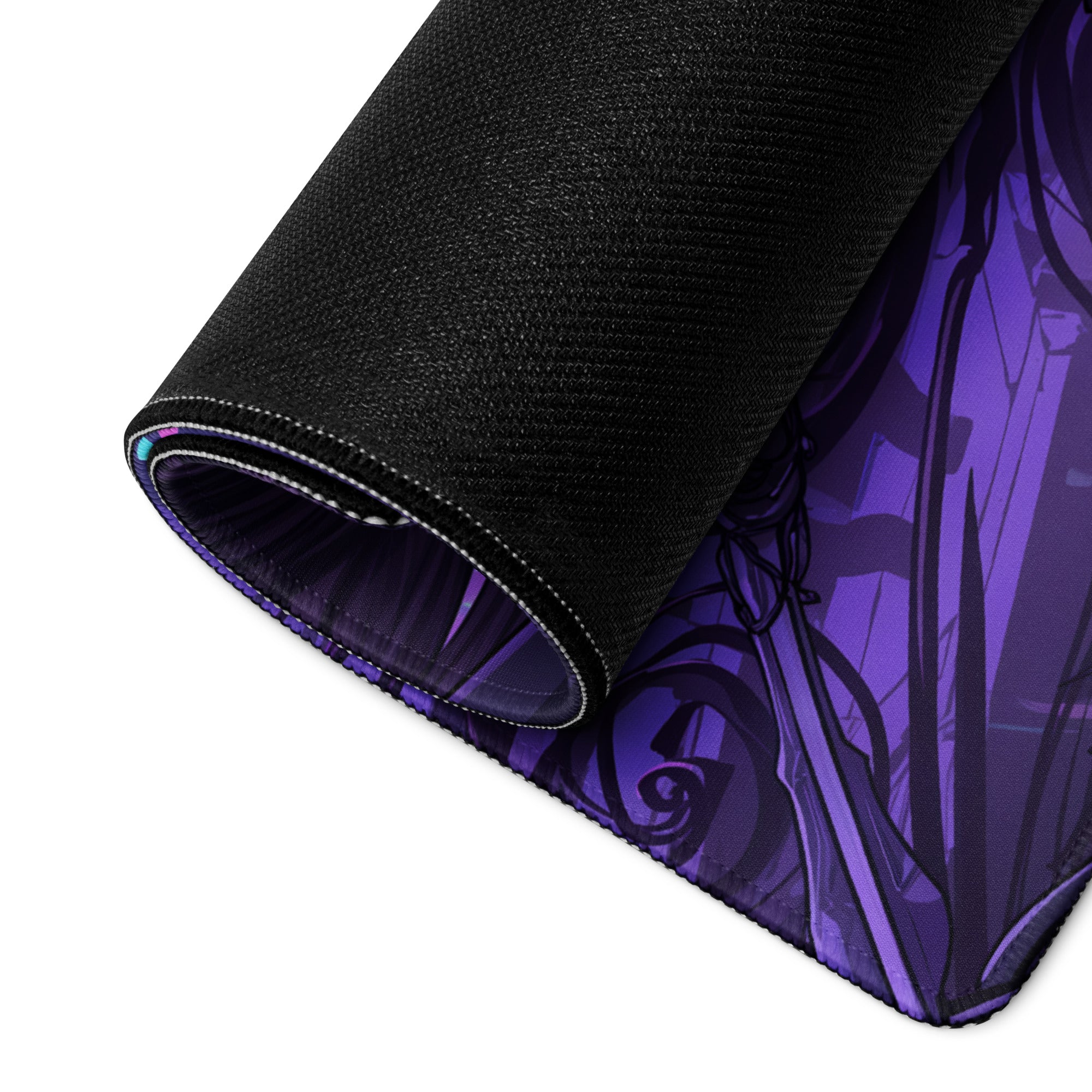 Black gaming mouse pad with vibrant purple anime-style vaporwave illustration for cyberpunk gaming setup