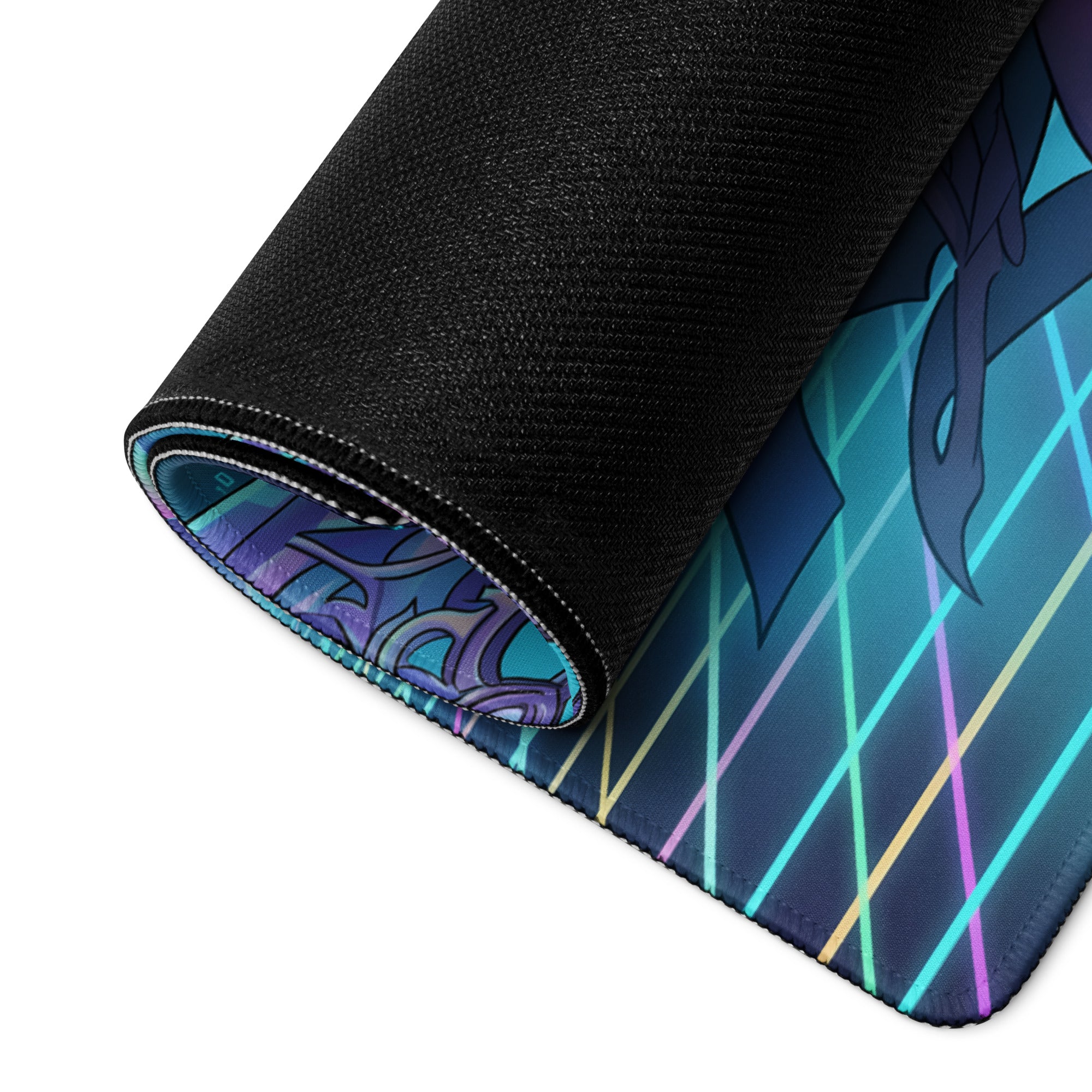 A rolled-up vaporwave neon warrior gaming mousepad with neon grid lines and anime-style art in blue purple teal colors