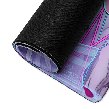 Rolled-up vaporwave angel wing gaming mousepad with vibrant purple pink and blue neon geometric lines on dark background