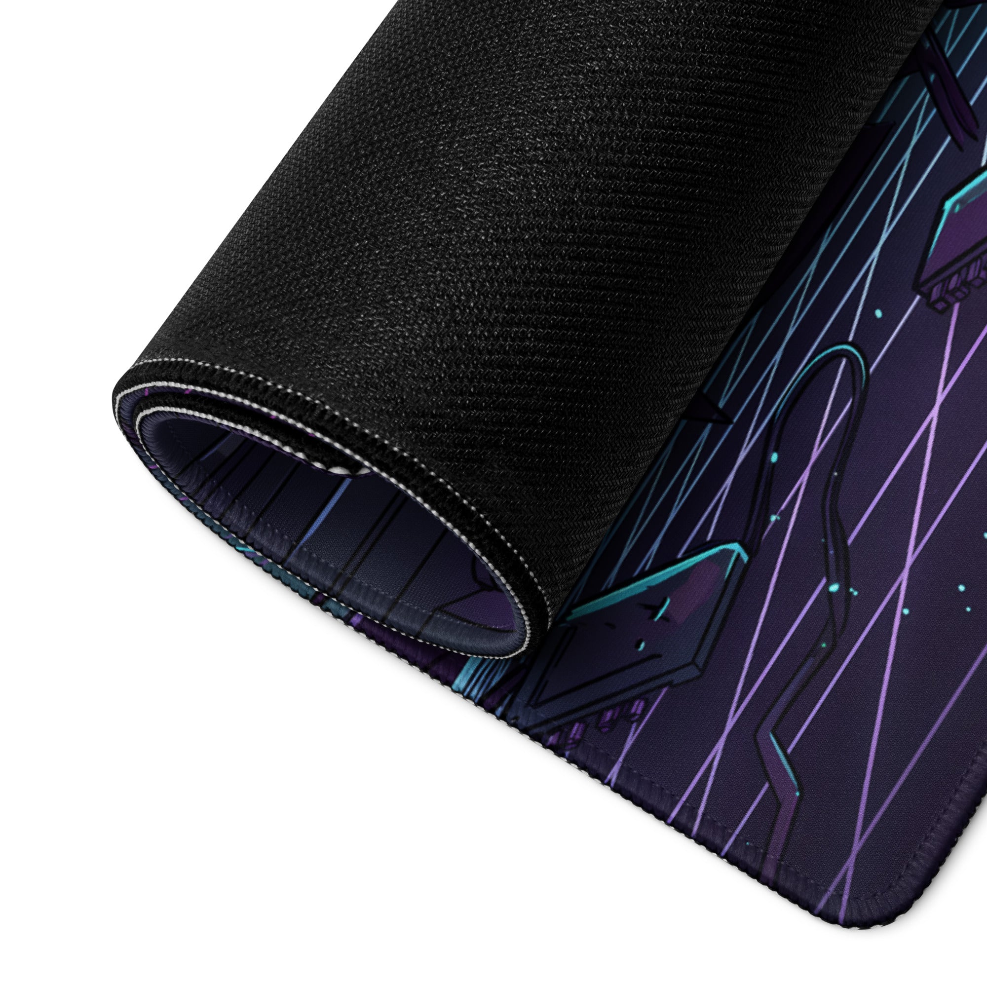 A rolled-up black gaming mousepad with a vibrant purple and teal neon vaporwave cyberpunk design and glowing geometric shapes