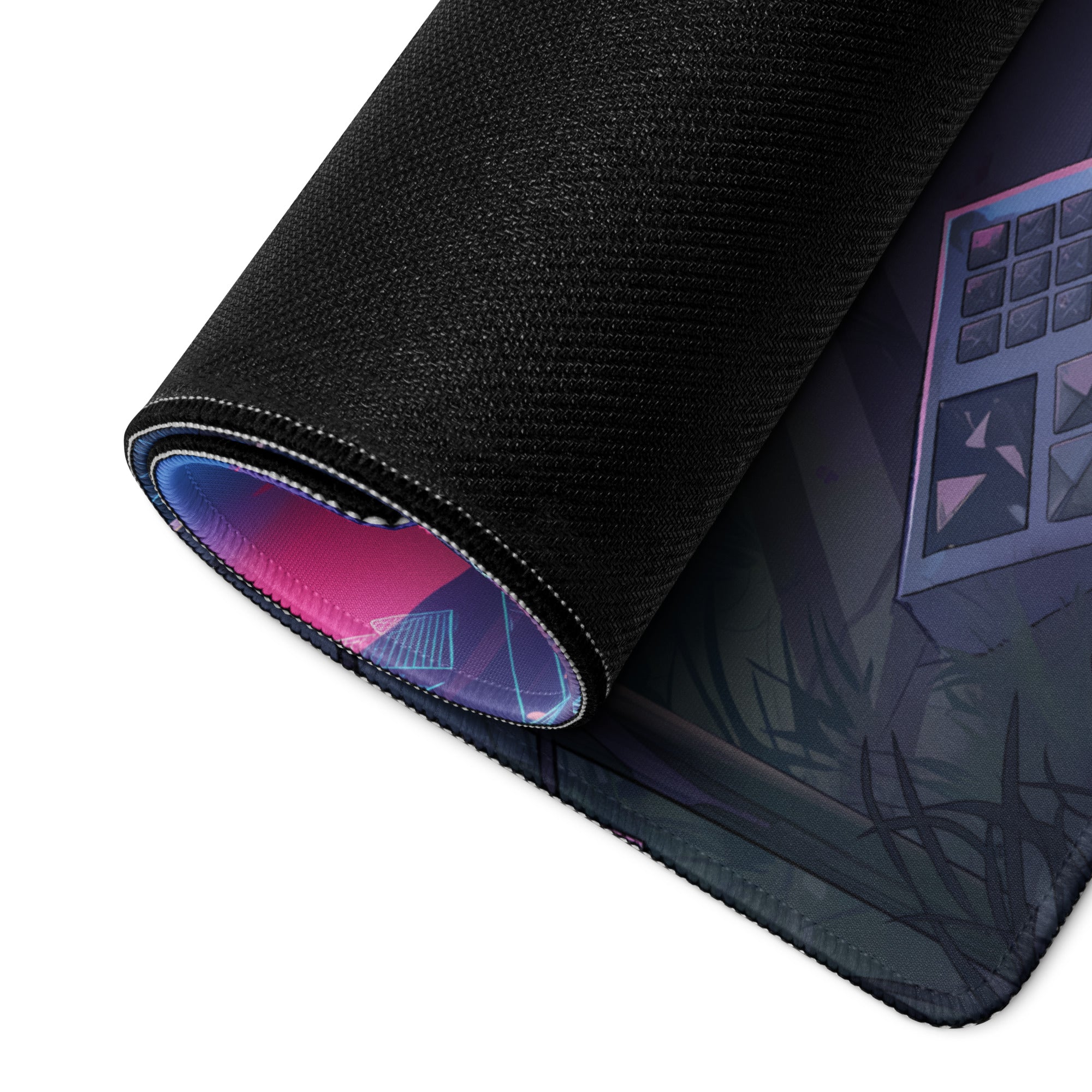 Black gaming mouse pad with vibrant pink and blue gradient underside featuring anime-style vaporwave digital art design