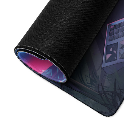Black gaming mouse pad with vibrant pink and blue gradient underside featuring anime-style vaporwave digital art design