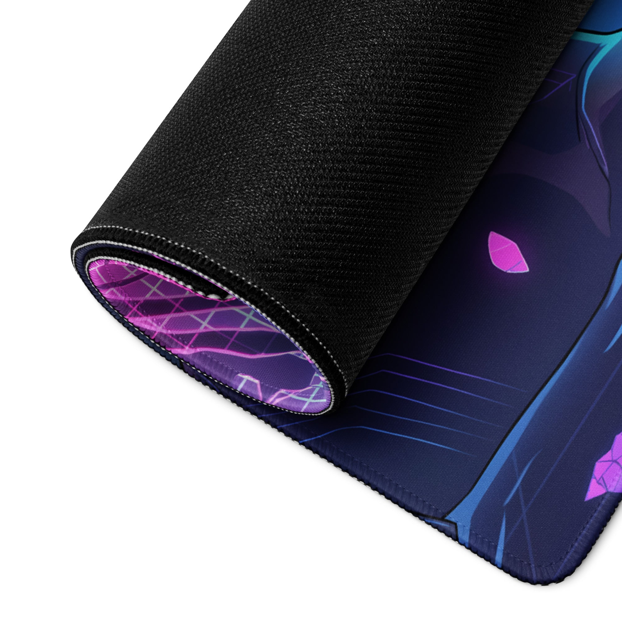 A rolled-up black gaming mousepad with vibrant purple blue neon katana anime design and glowing cyberpunk underside