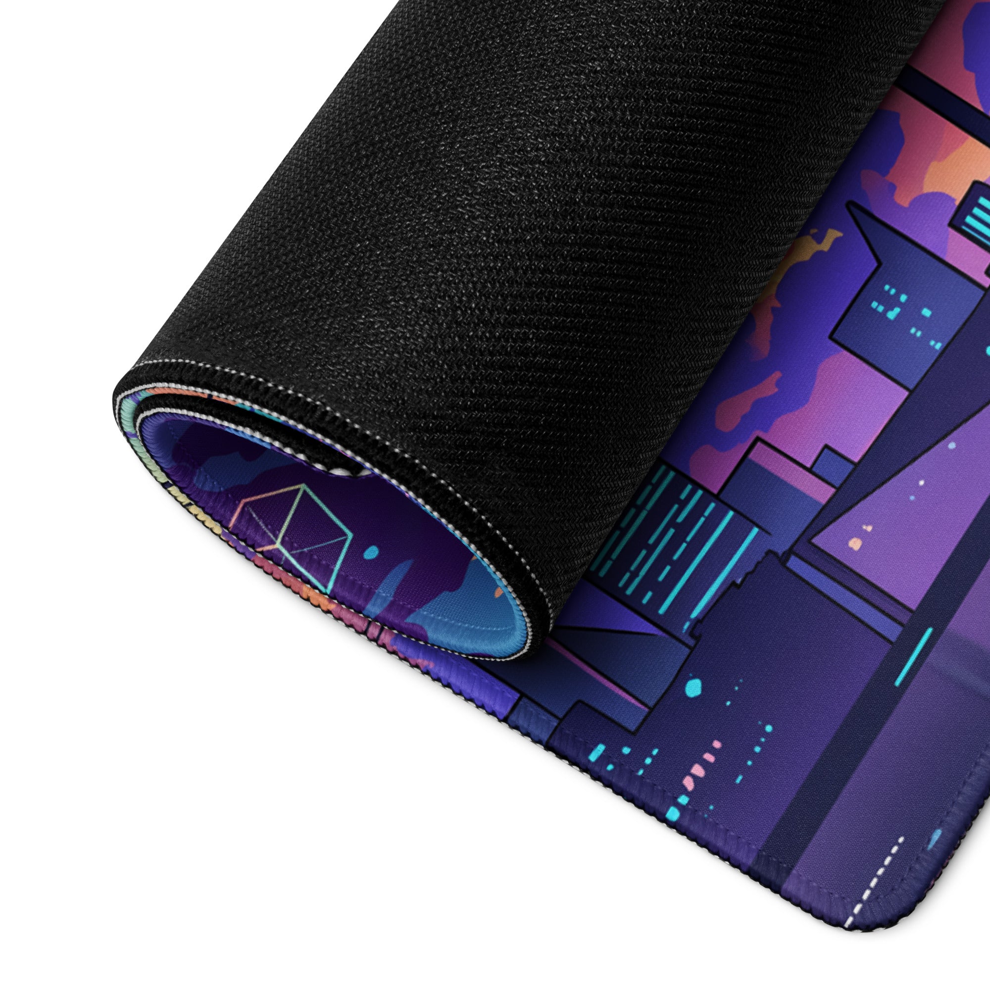A rolled-up vaporwave cityscape gaming mousepad with a neon purple pink gradient design for desk use