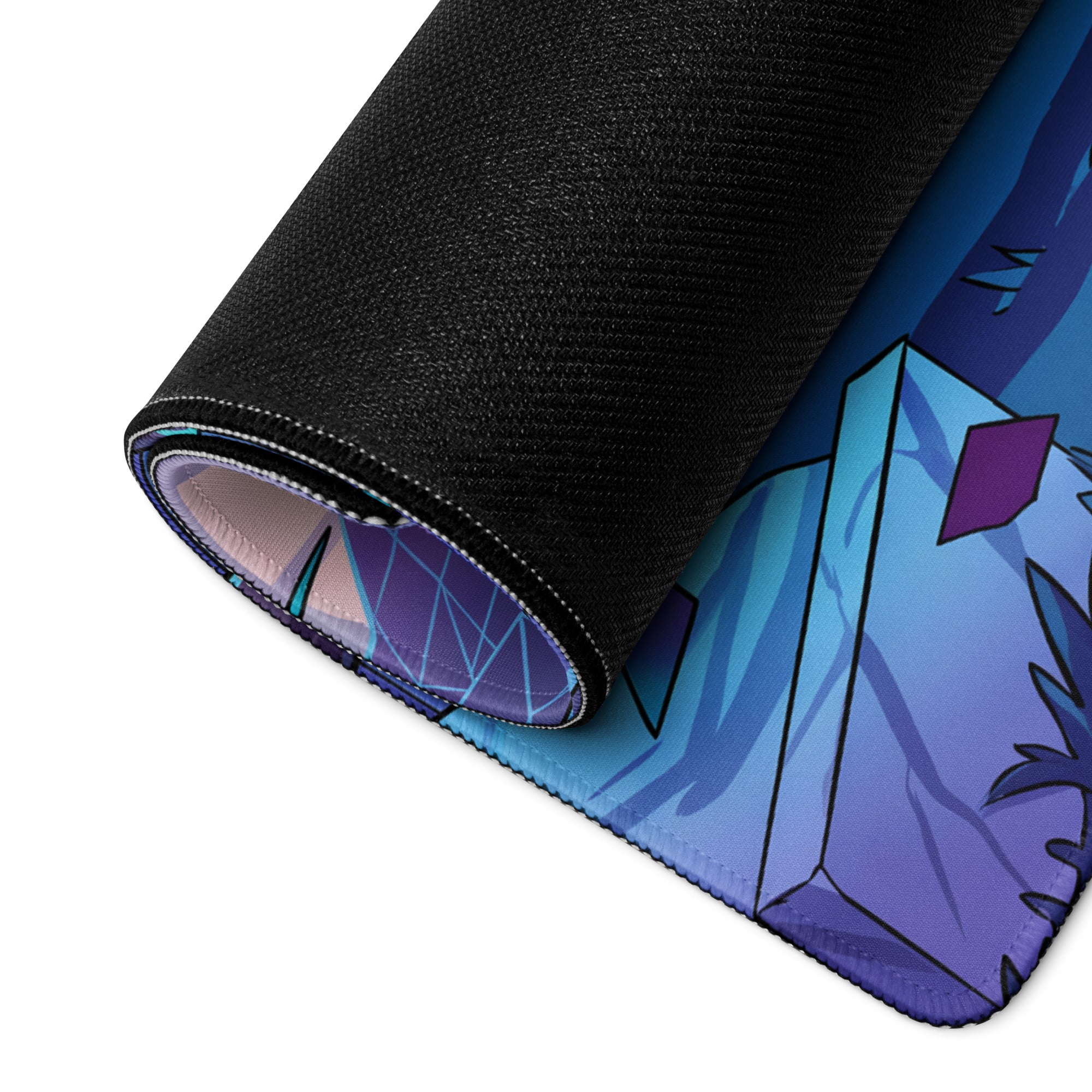 A rolled-up vaporwave neon dragon gaming mousepad with a blue and purple crystalline design and black fabric edges