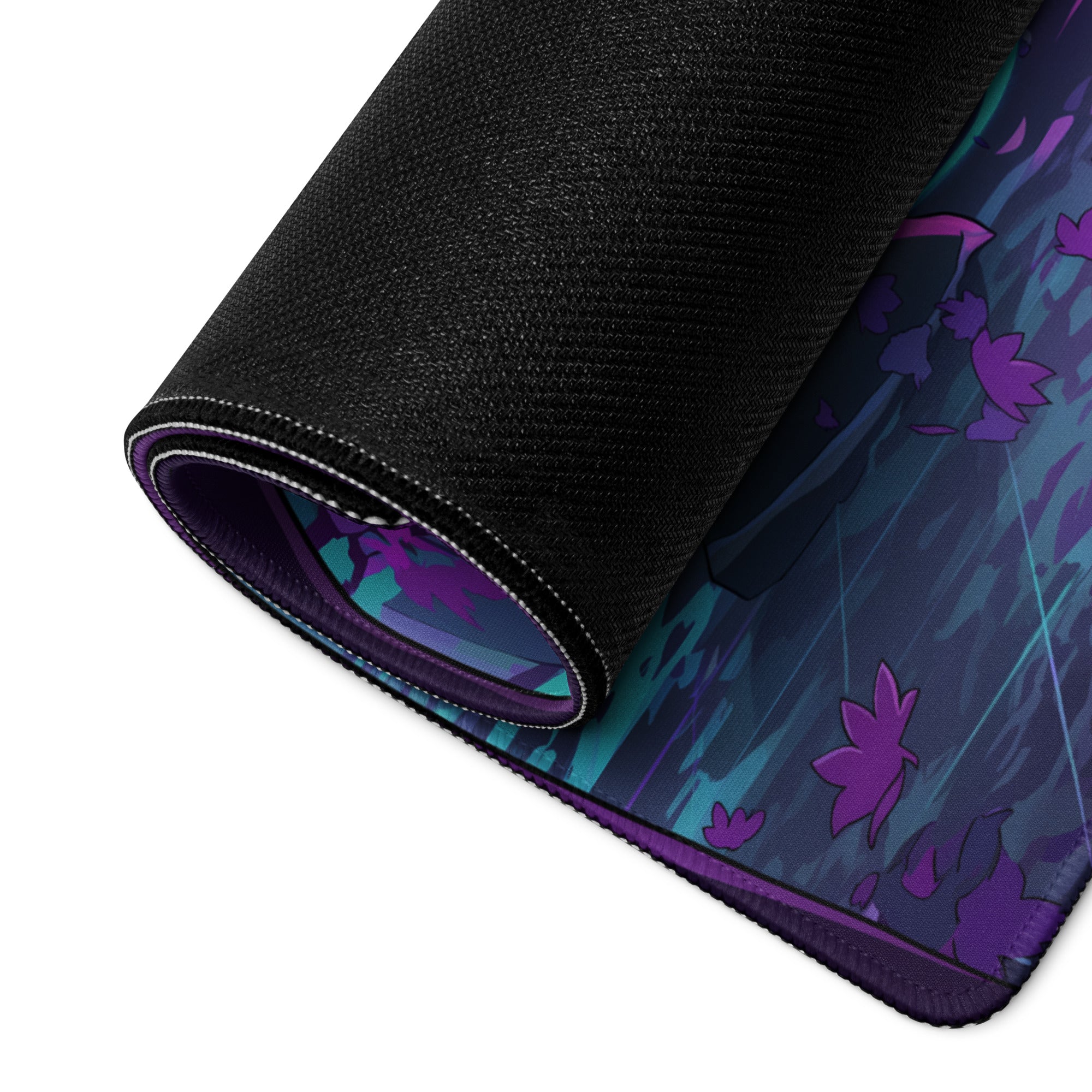 A rolled-up vaporwave dragon nightscape gaming mousepad with a vibrant purple teal anime forest design and black trim