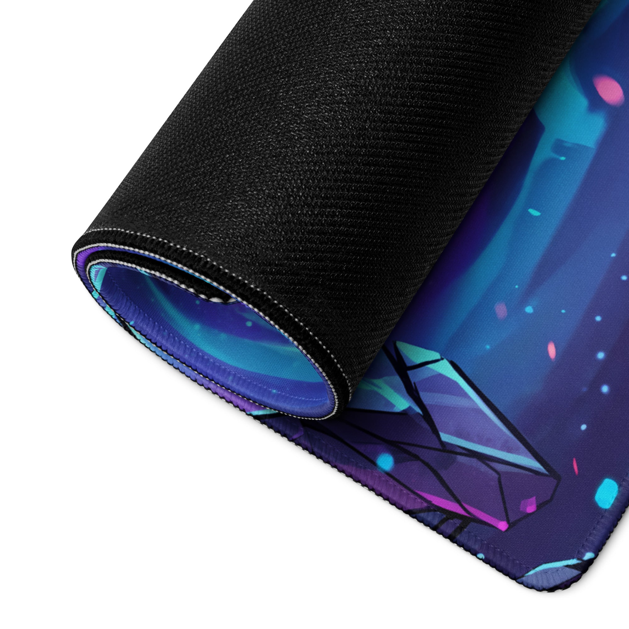 A rolled-up neon vaporwave sorceress mouse pad with glowing purple and blue crystals on black fabric for gaming