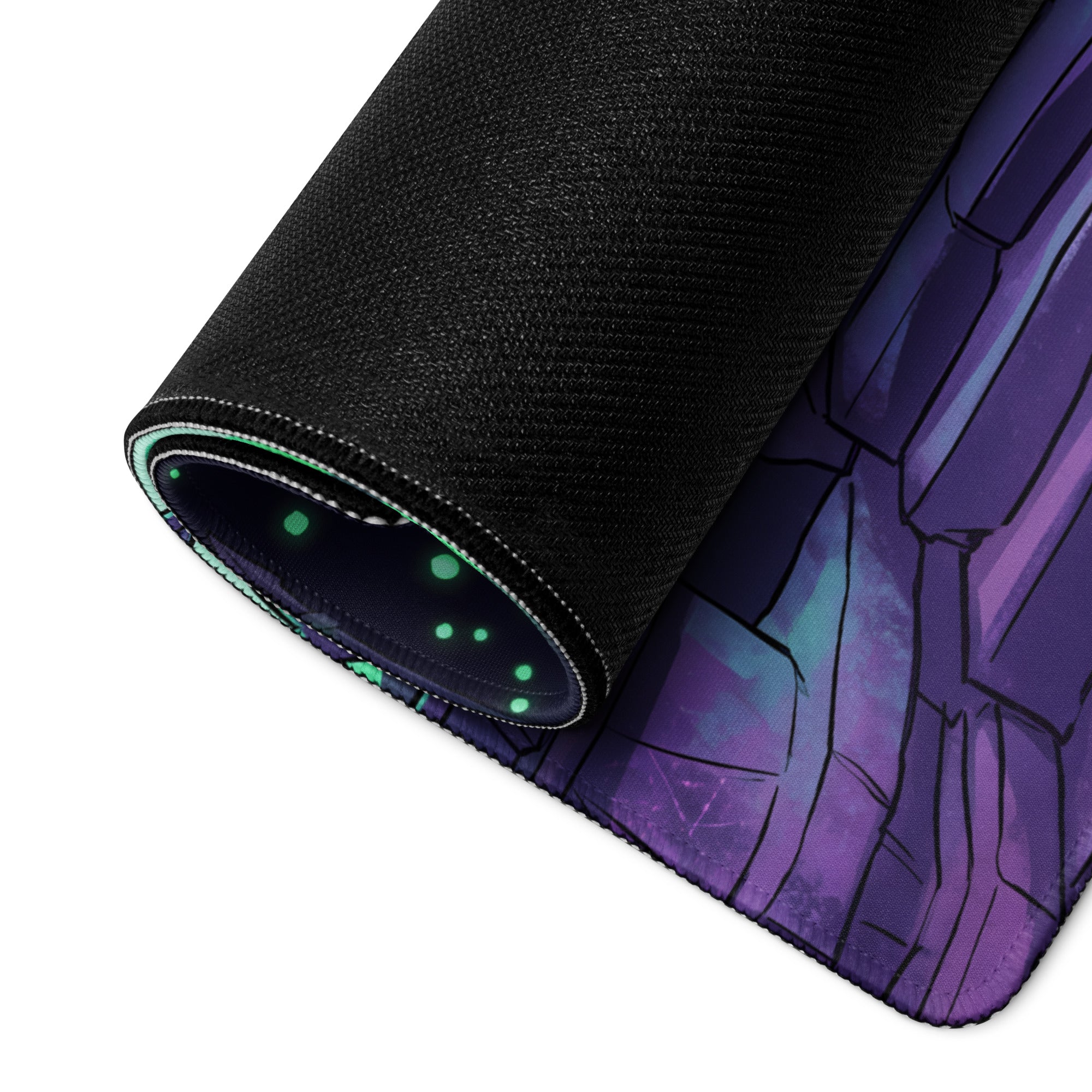 Rolled-up neon vaporwave gaming mouse pad with black textured outer layer and purple teal cracked stone design