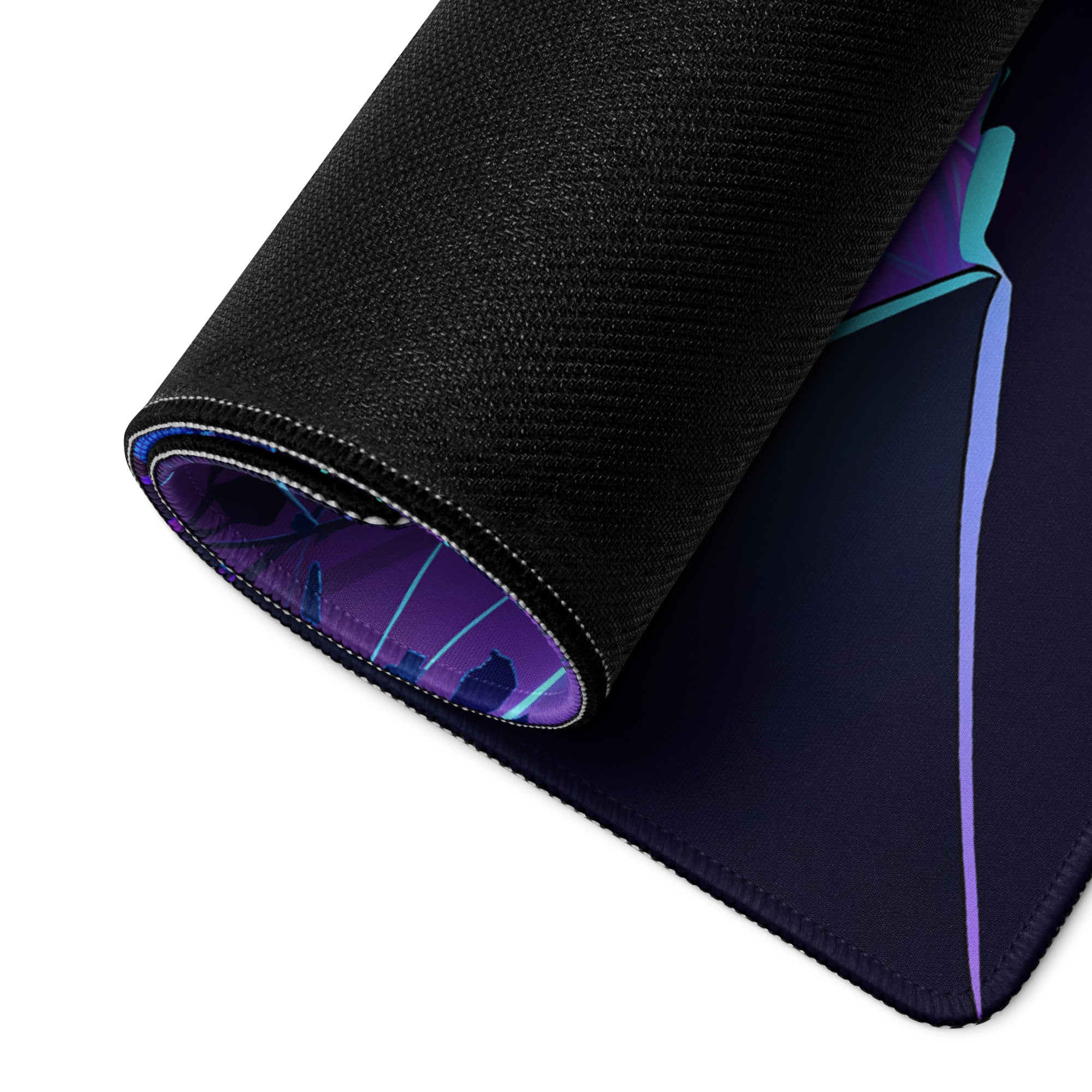 Black gaming mouse pad with vibrant purple and teal vaporwave neon cityscape design on stitched back side