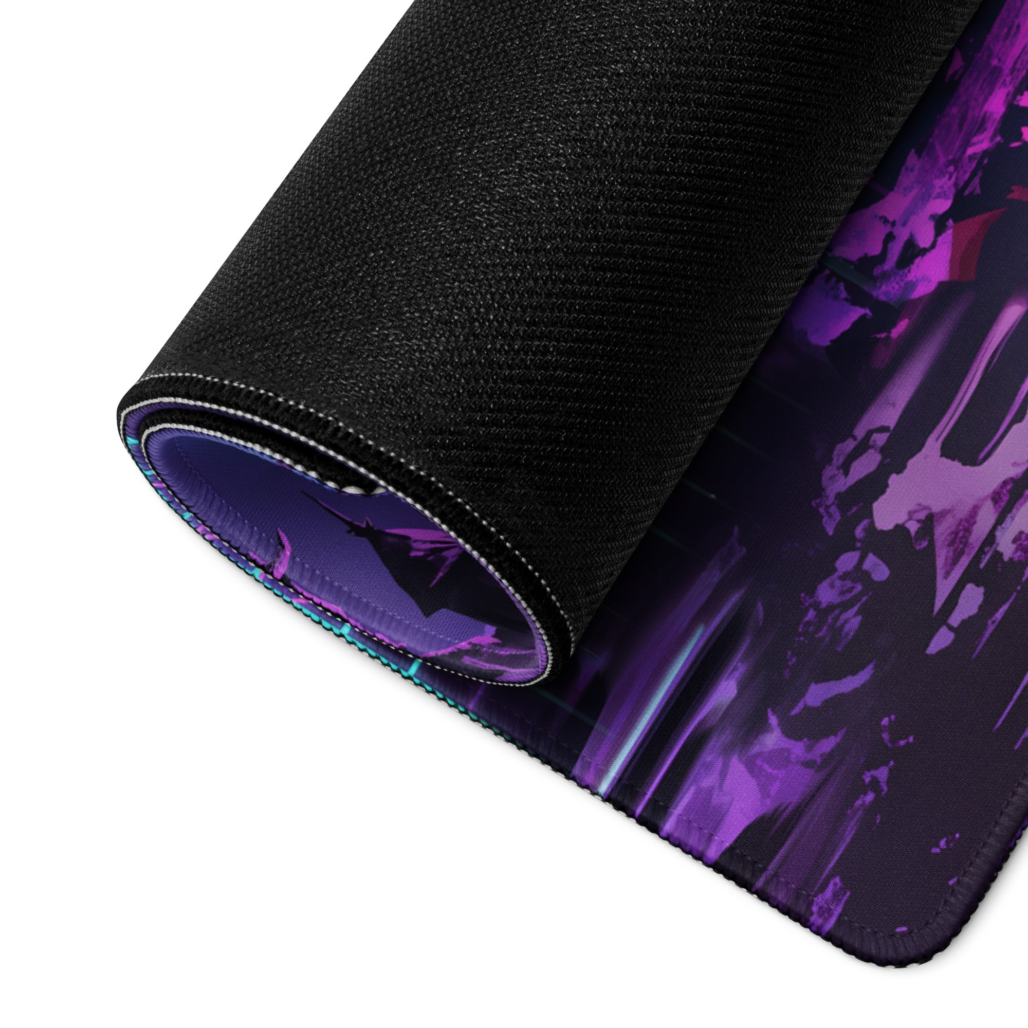 A rolled-up vaporwave neon flight gaming mouse pad with vibrant purple and black abstract design and textured fabric edge