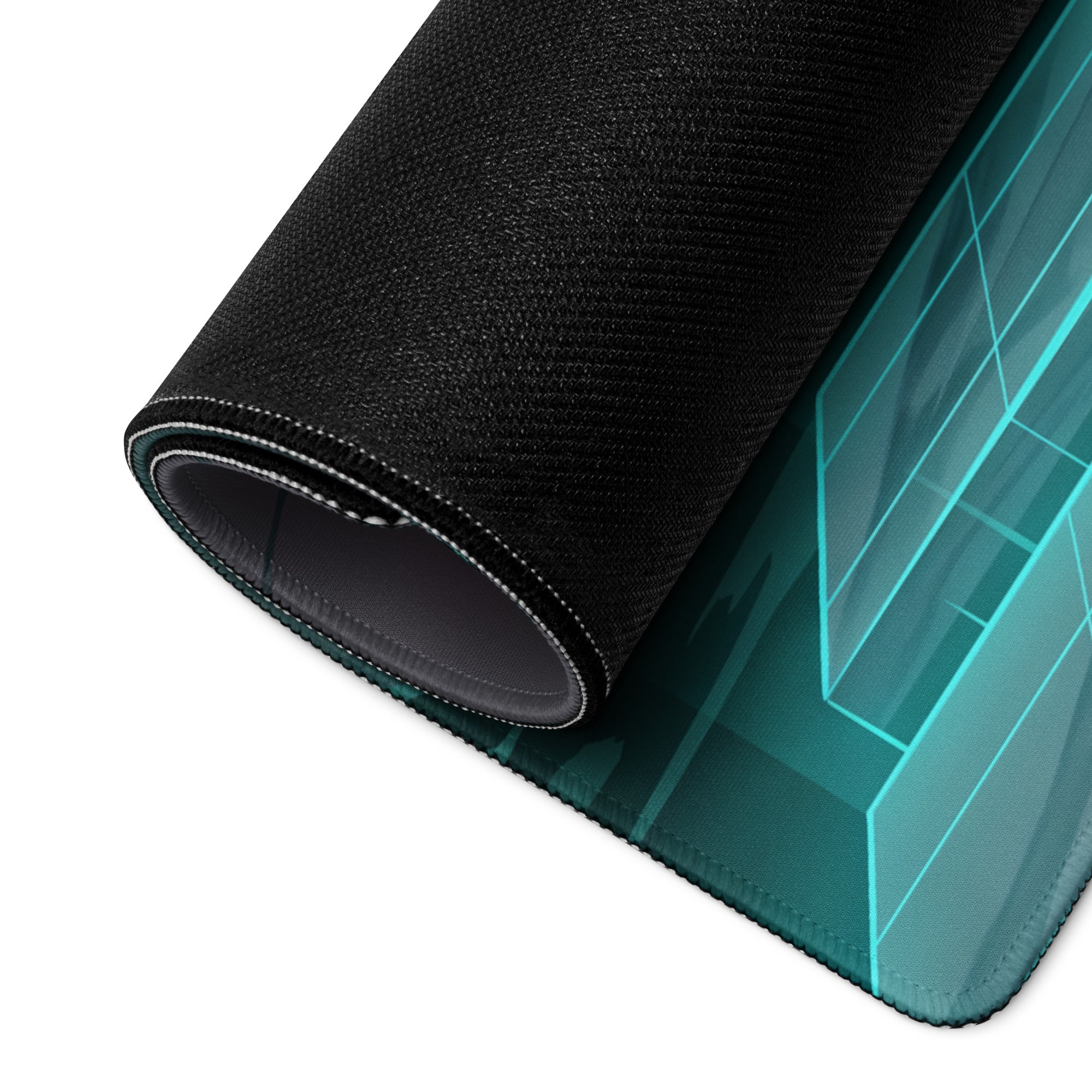 Black textured mousepad with teal geometric design for neon pink teal vaporwave gaming and desk use