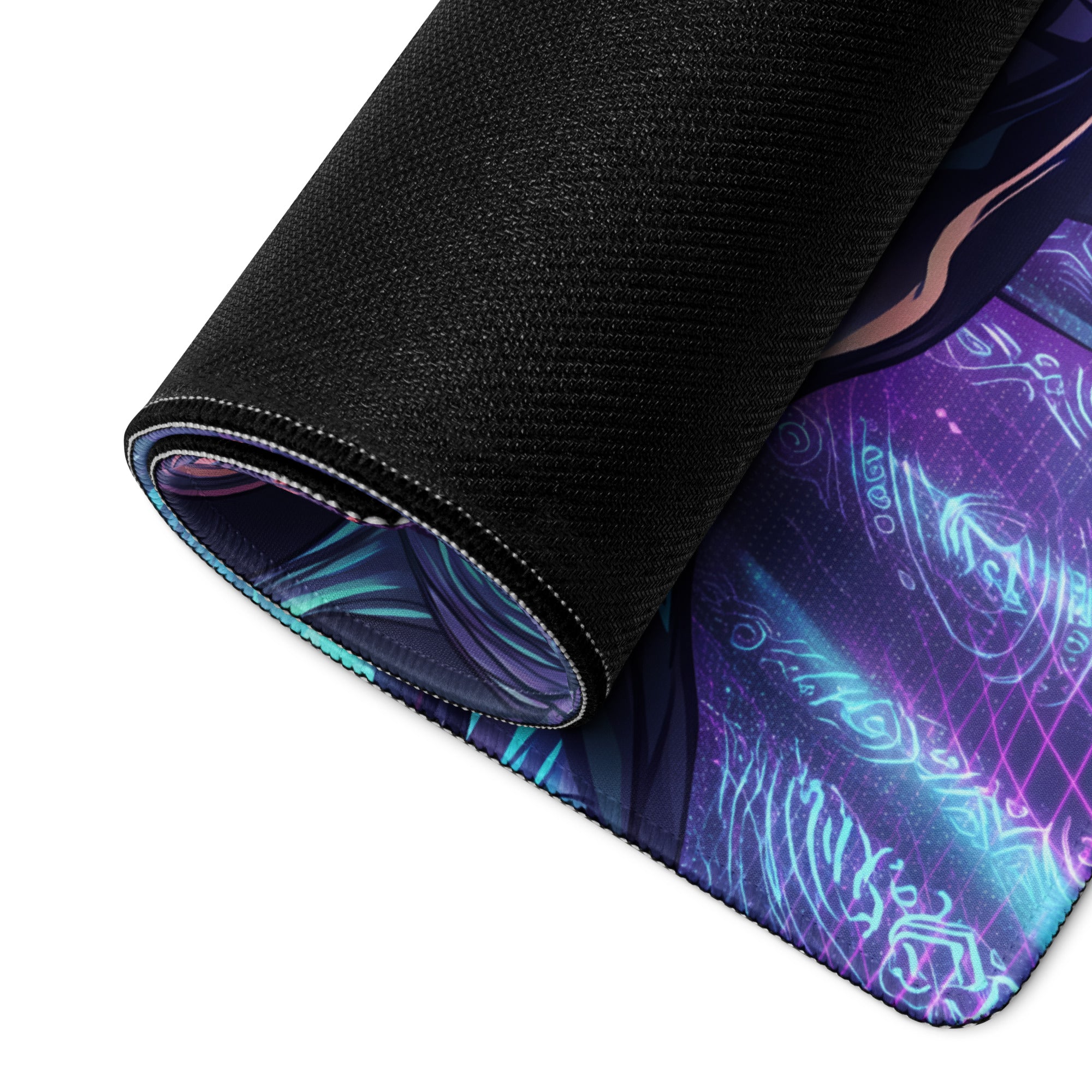 A rolled-up vaporwave neon goddess gaming mousepad with vibrant purple and teal cosmic glowing patterns on dark surface