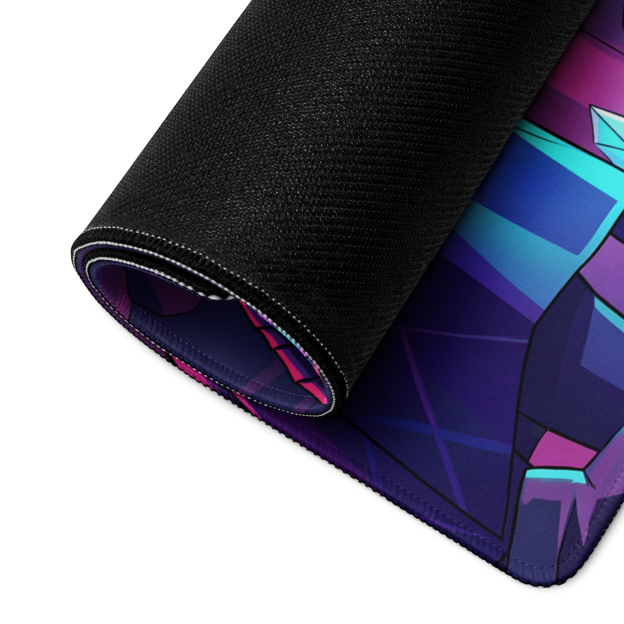 A rolled-up vaporwave neon wolf gaming mouse pad with a vibrant purple blue and teal geometric design