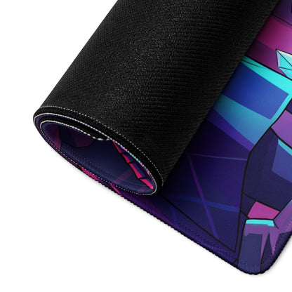 A rolled-up vaporwave neon wolf gaming mouse pad with a vibrant purple blue and teal geometric design