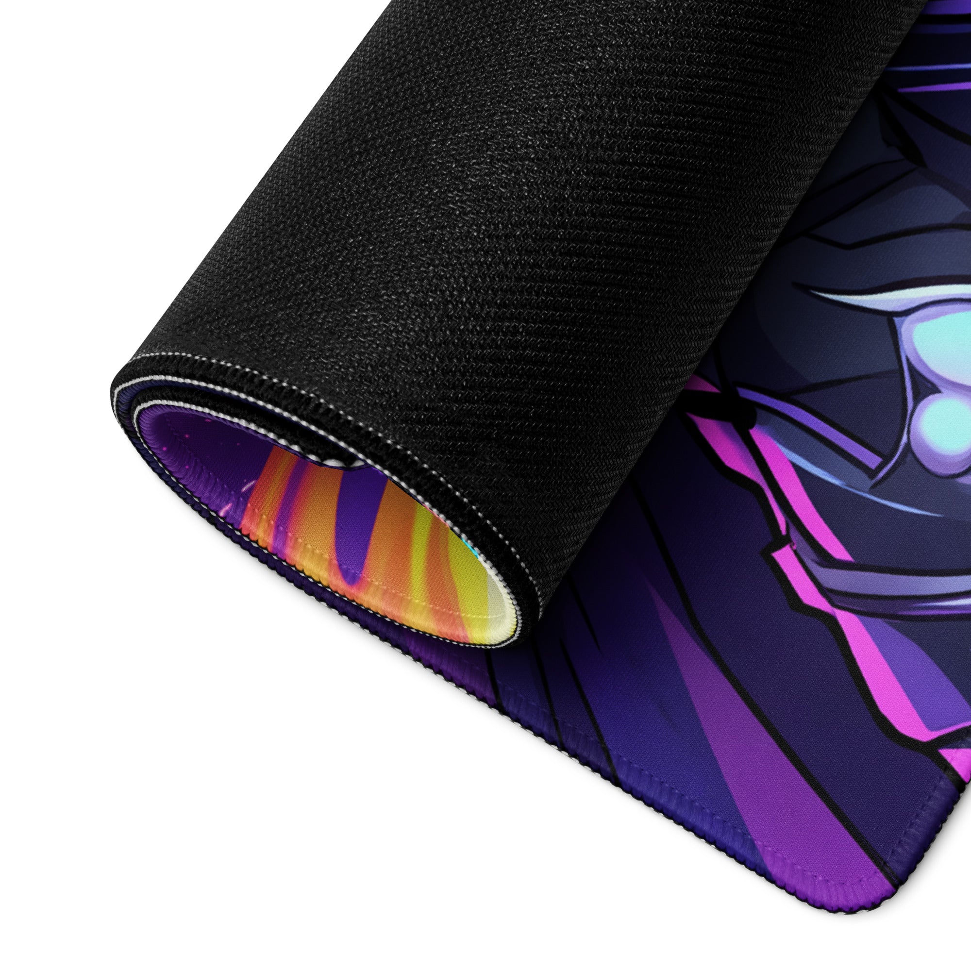 A rolled-up neon ninja vaporwave gaming mouse pad with purple pink anime design and rainbow-striped inner lining