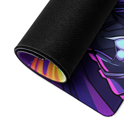 A rolled-up neon ninja vaporwave gaming mouse pad with purple pink anime design and rainbow-striped inner lining