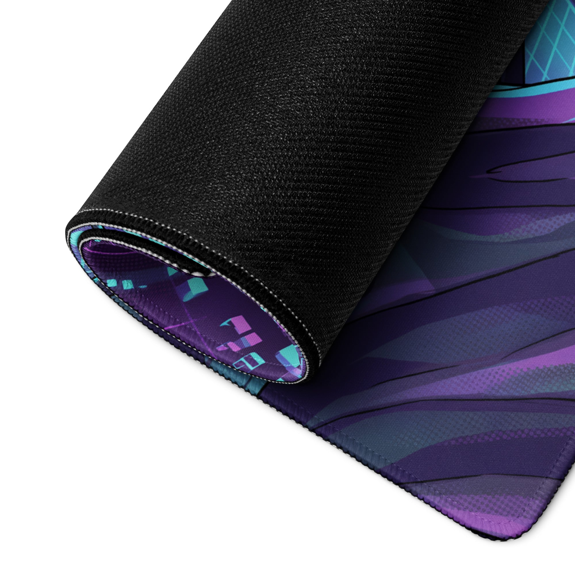 A rolled-up neon vaporwave dragon mouse pad with black textured surface and vibrant purple blue geometric patterns inside