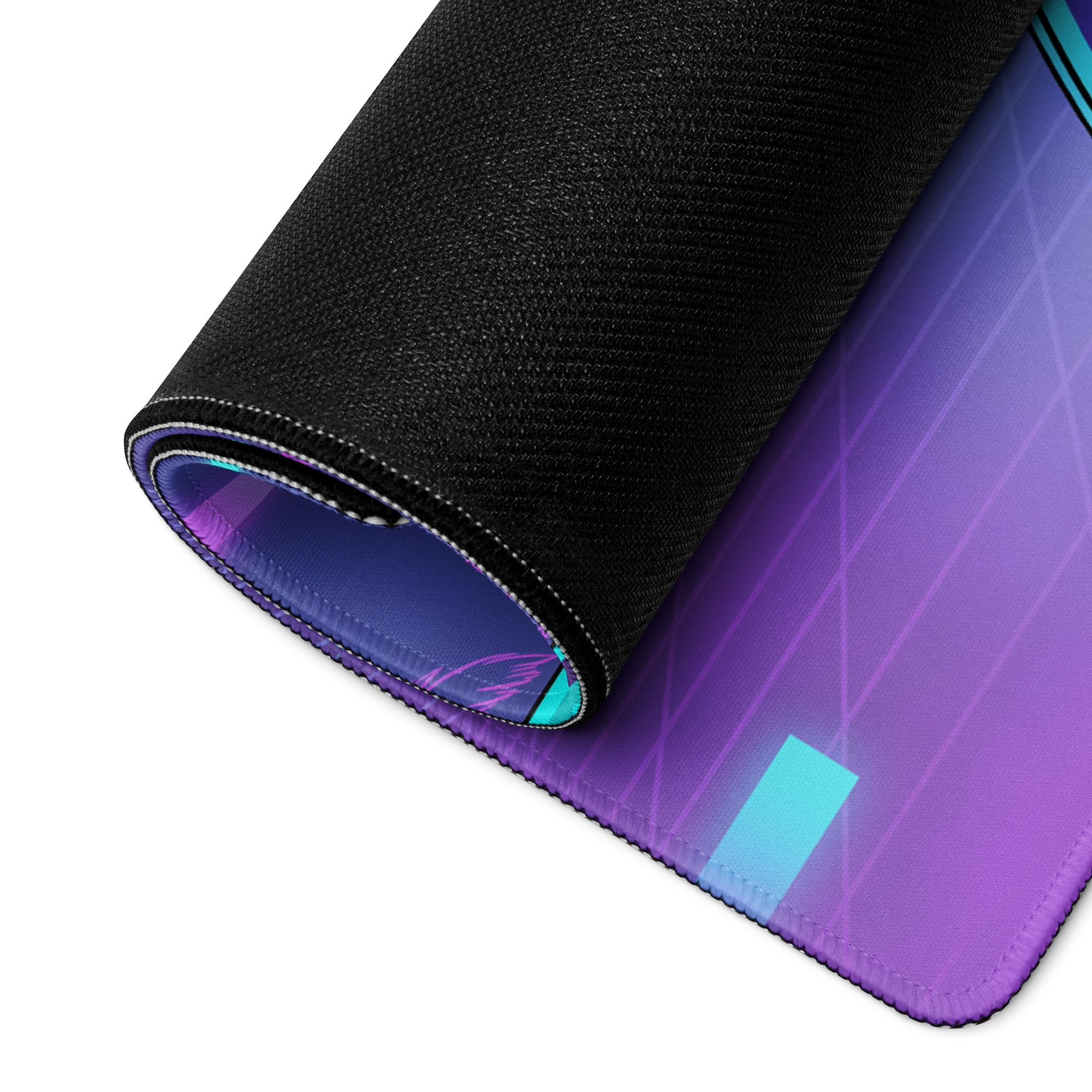 A rolled-up neon skeleton samurai gaming mouse pad with a vibrant purple and teal gradient and subtle geometric lines