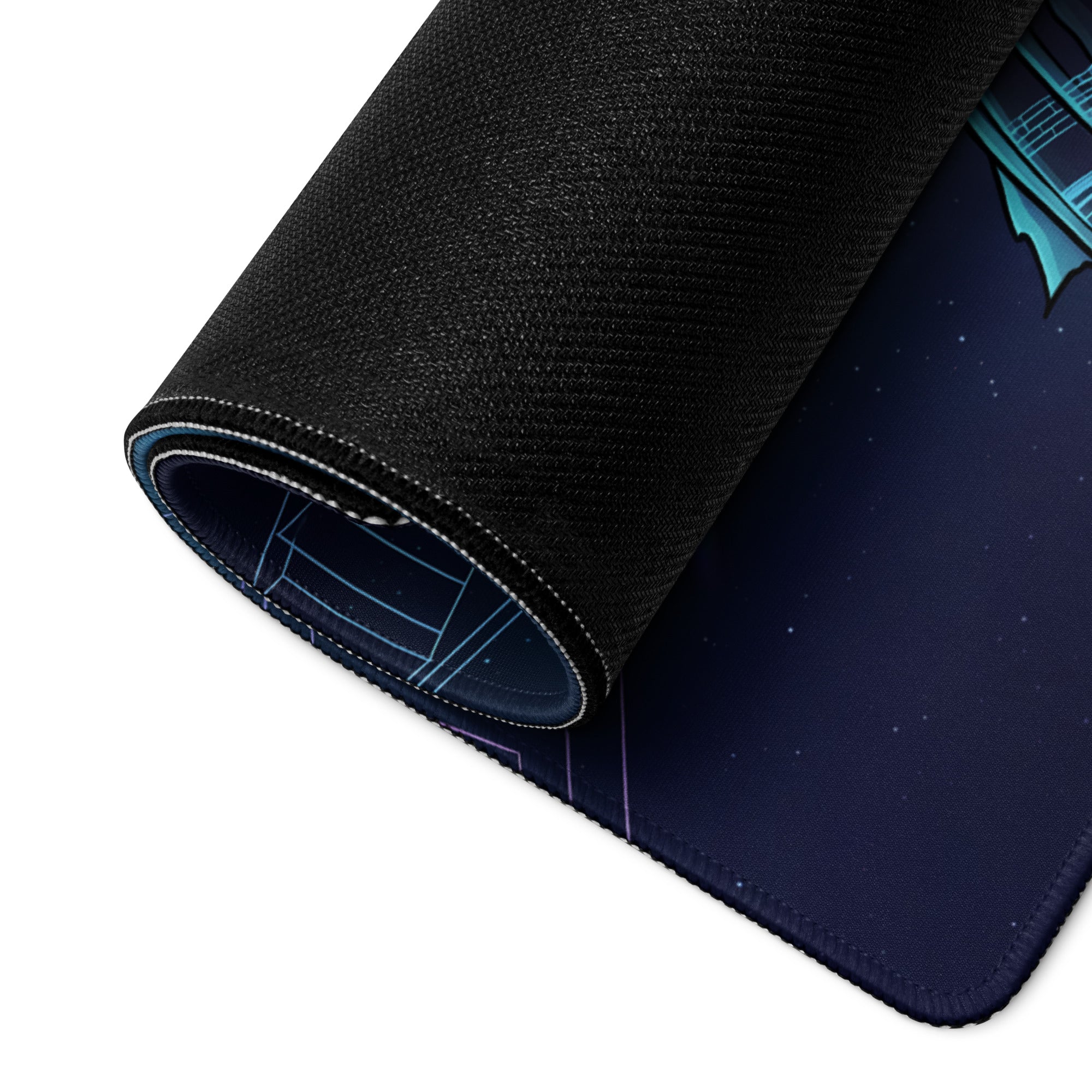 Black textured mousepad with dark blue space-themed design featuring teal accents and starry patterns for gaming
