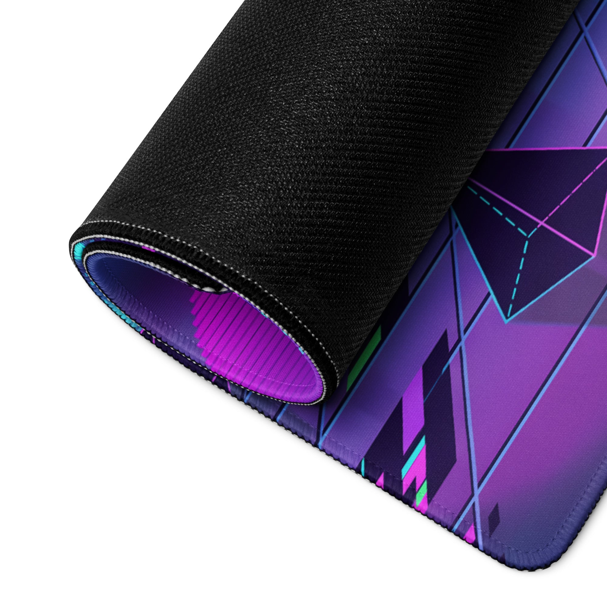 A rolled-up neon vaporwave city pad gaming mousepad with vibrant purple black geometric design and neon blue pink accents