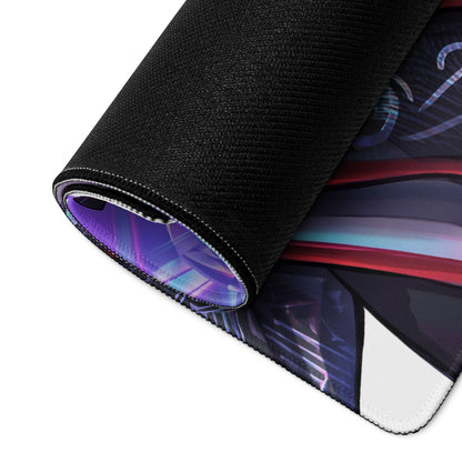 Black gaming mousepad with vibrant futuristic neon purple and blue gradients for vaporwave geisha style gaming setup