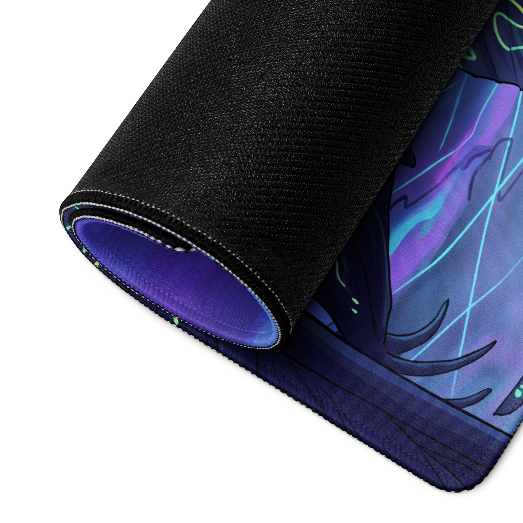 A rolled-up black gaming mousepad featuring a vibrant purple and blue neon dragon vaporwave design
