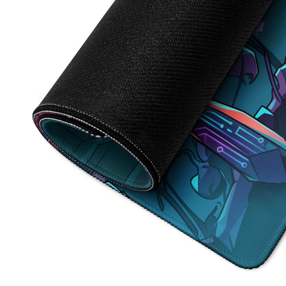 A rolled-up black gaming mousepad with a vibrant teal and purple futuristic anime design for neon vaporwave decor