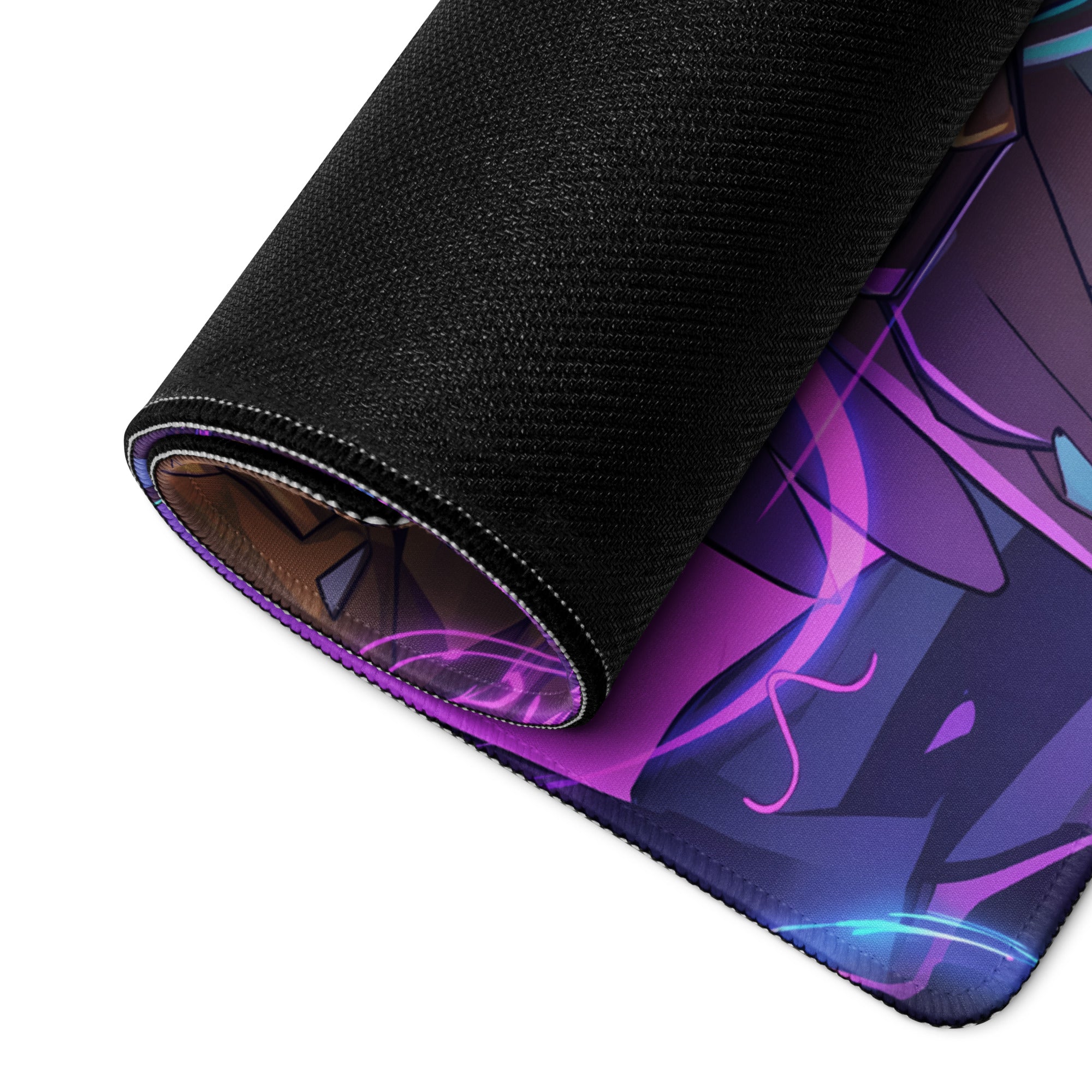 A rolled-up black gaming mousepad with vibrant purple and blue neon vaporwave anime design and glowing accents