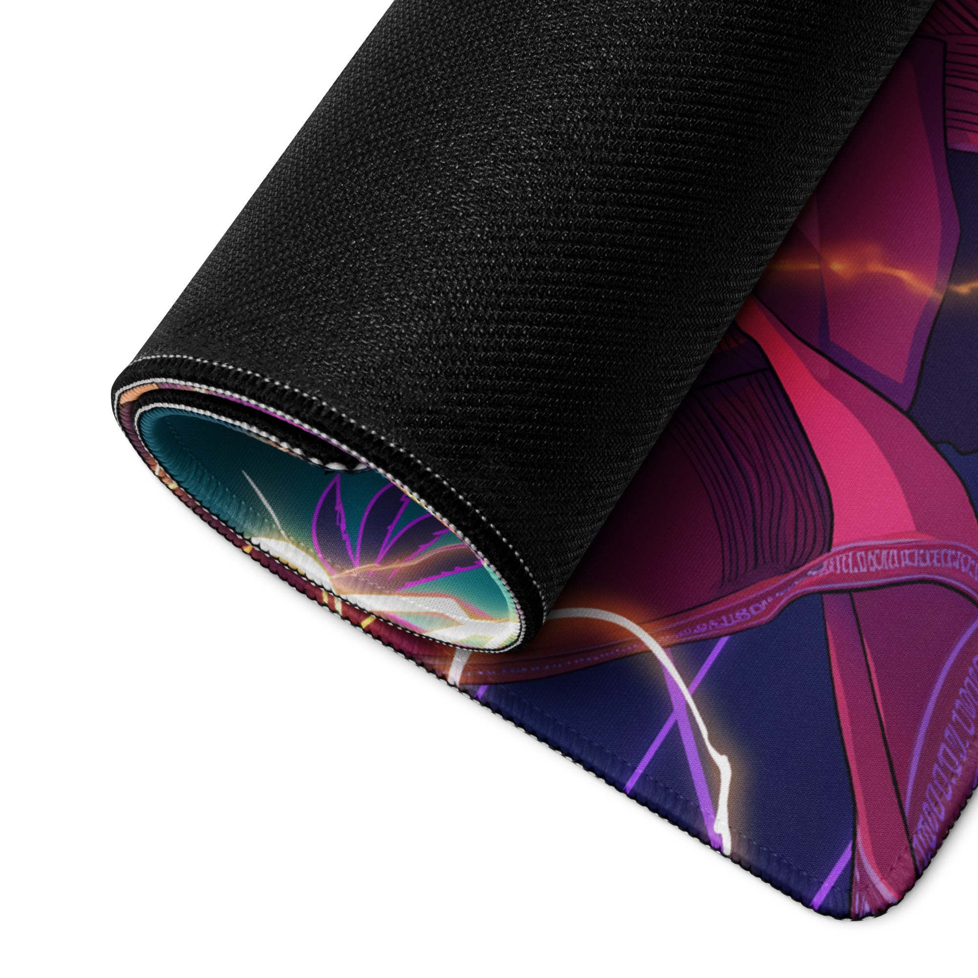 A rolled-up black gaming mousepad with vibrant anime-style illustration and glowing purple and pink vaporwave accents