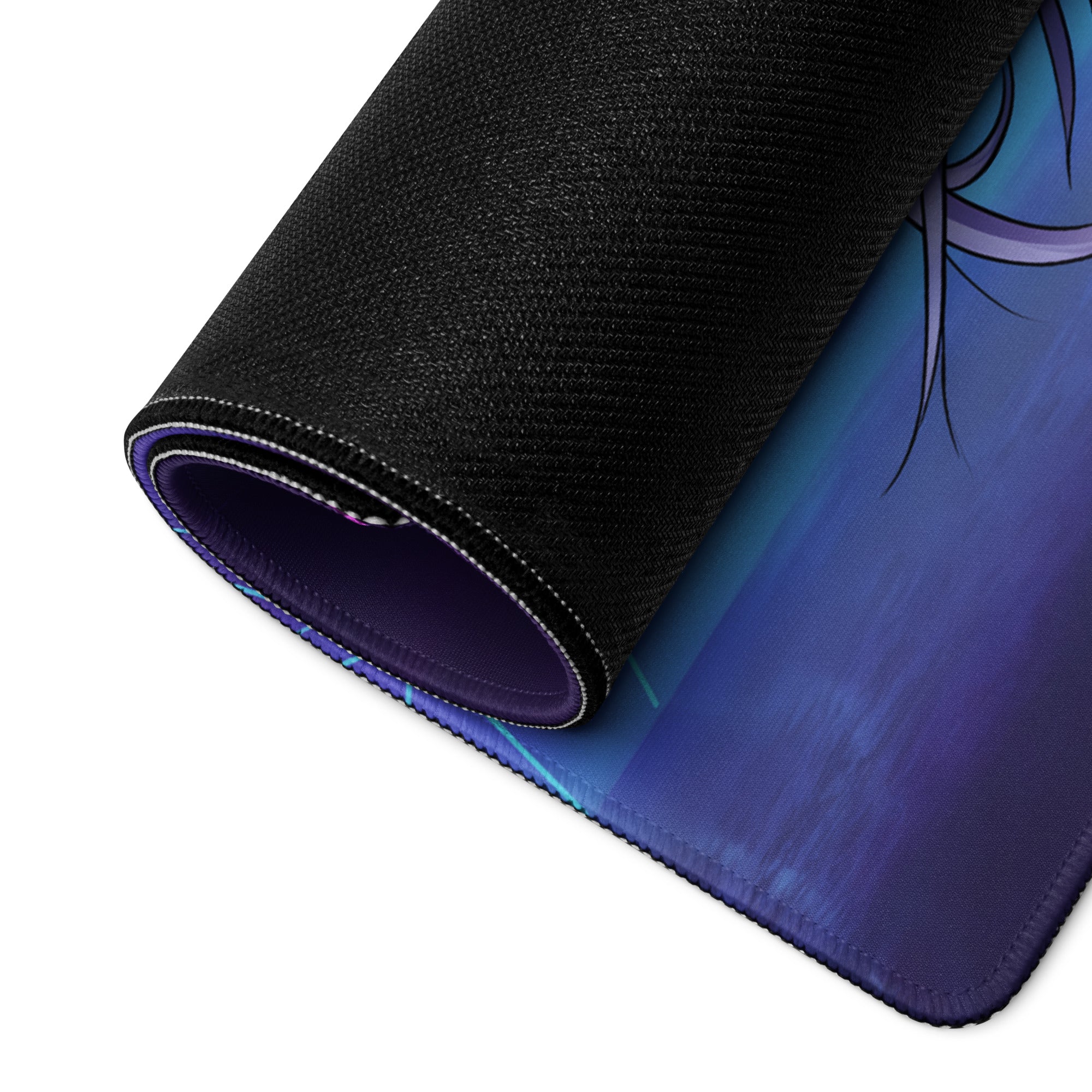 Rolled-up black gaming mousepad with vibrant anime-style neon vaporwave warrior illustration in blue and purple gradients