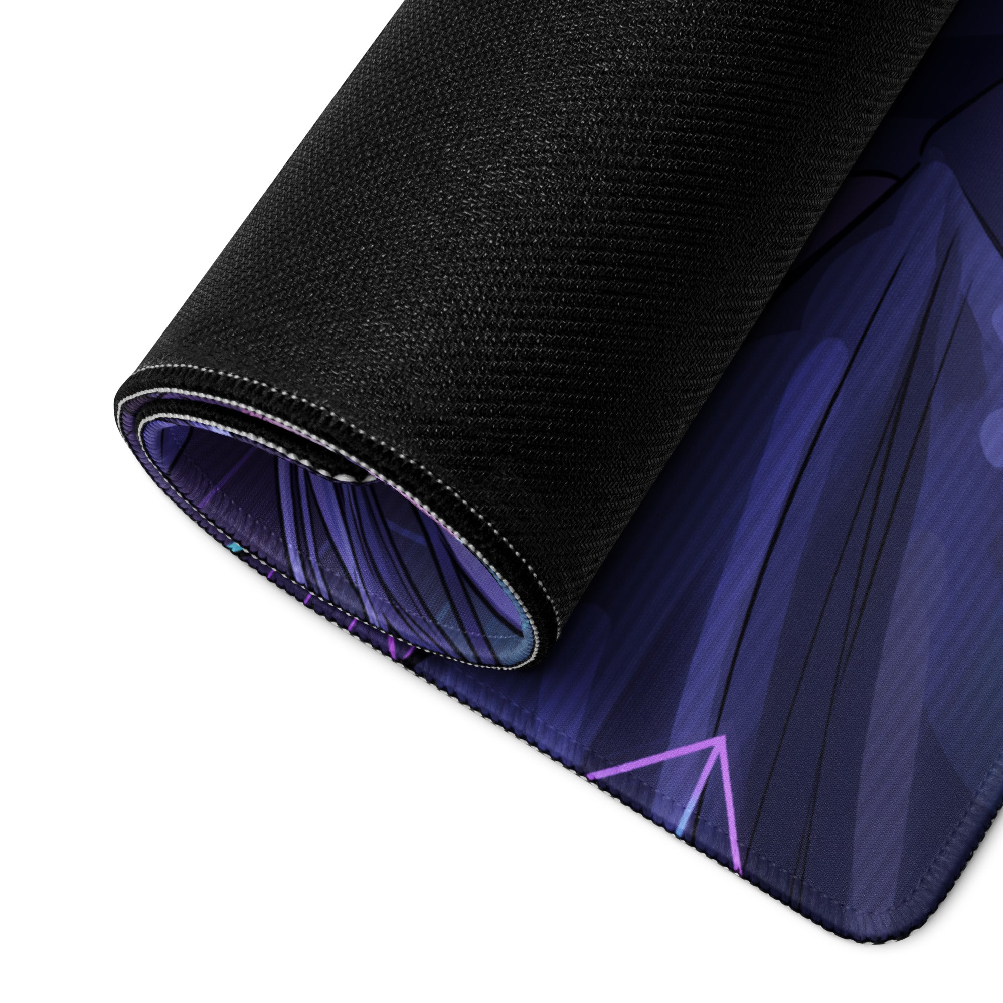 Black textured mousepad featuring vibrant purple and blue anime-style vaporwave digital art for gaming use